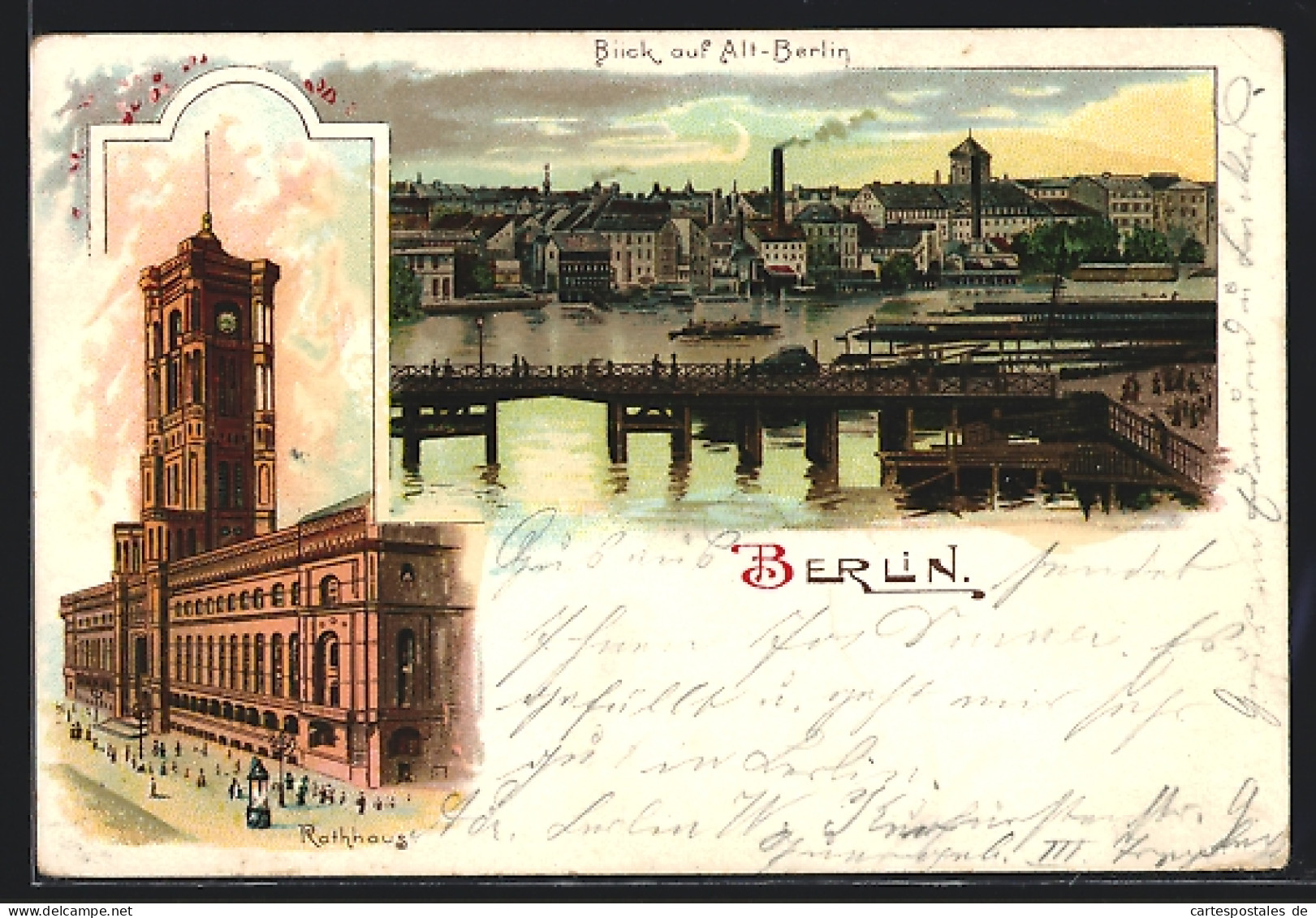 Lithographie Alt-Berlin, Hafenpartie Und Rathaus  - Sonstige & Ohne Zuordnung