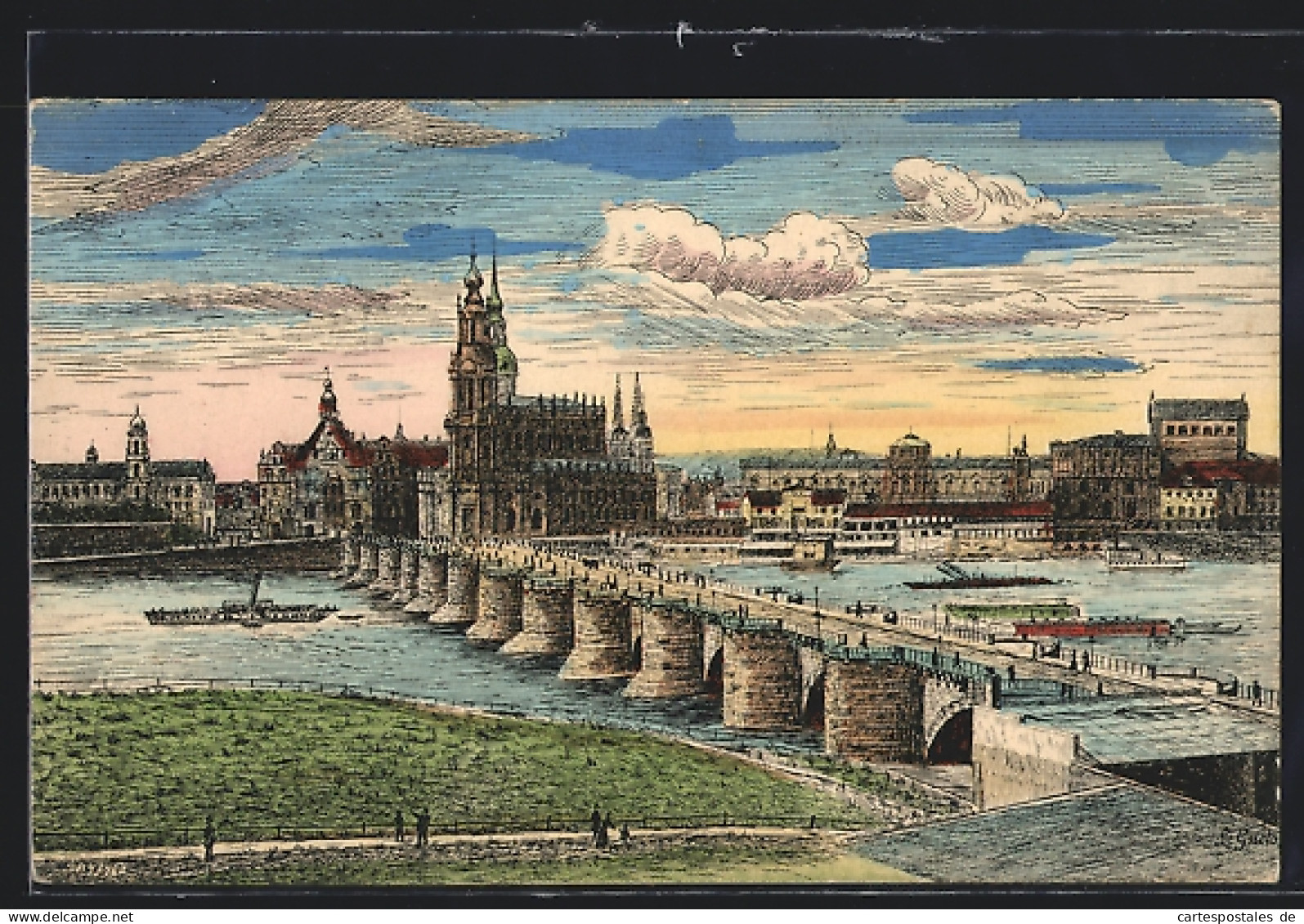 Künstler-AK Dresden, Blick über Die Elbe Auf Die Altstadt  - Dresden