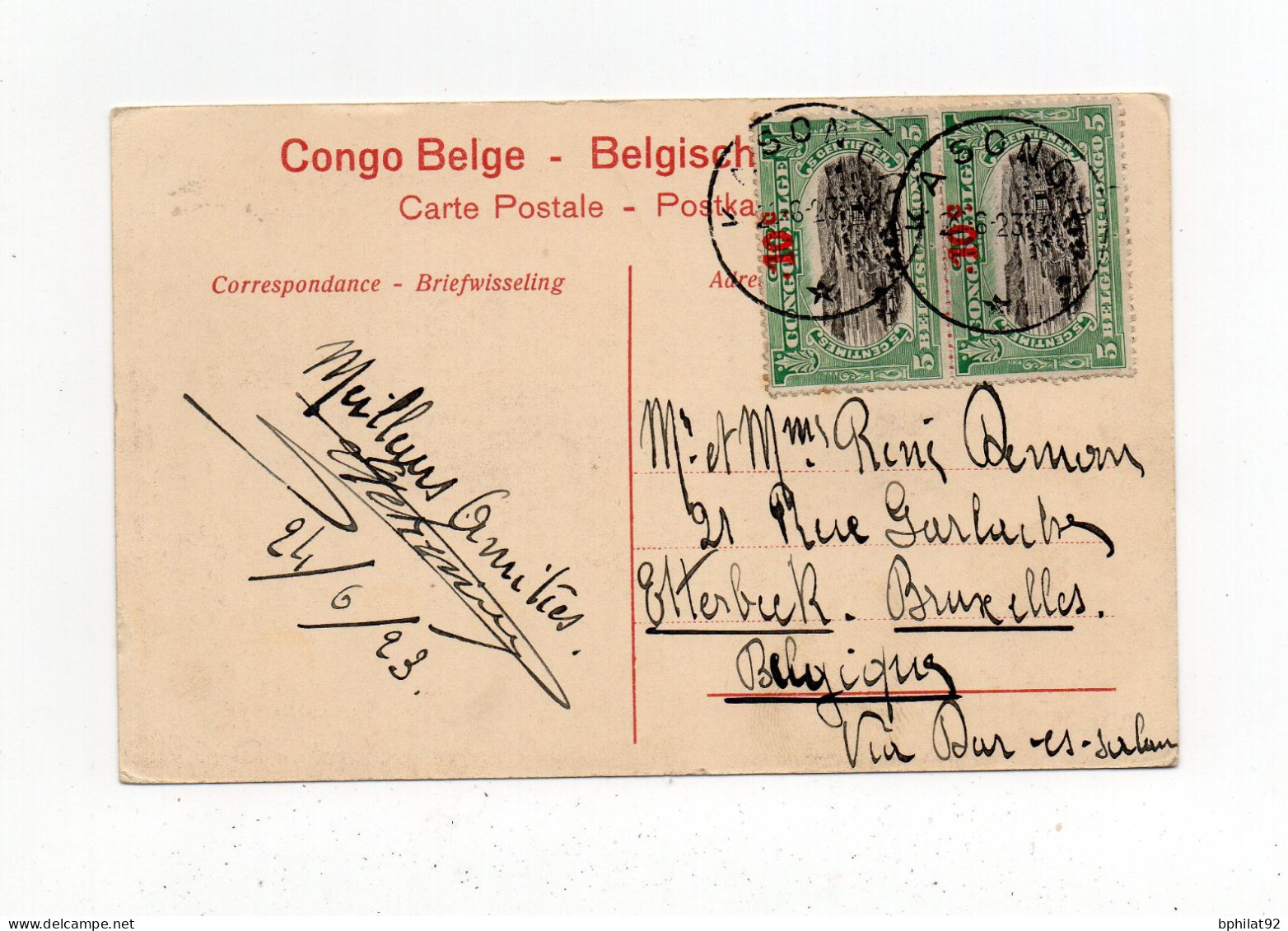 !!! CONGO BELGE, CPA DE 1923 POUR LA BELGIQUE, CACHET DE KASONGO - Lettres & Documents