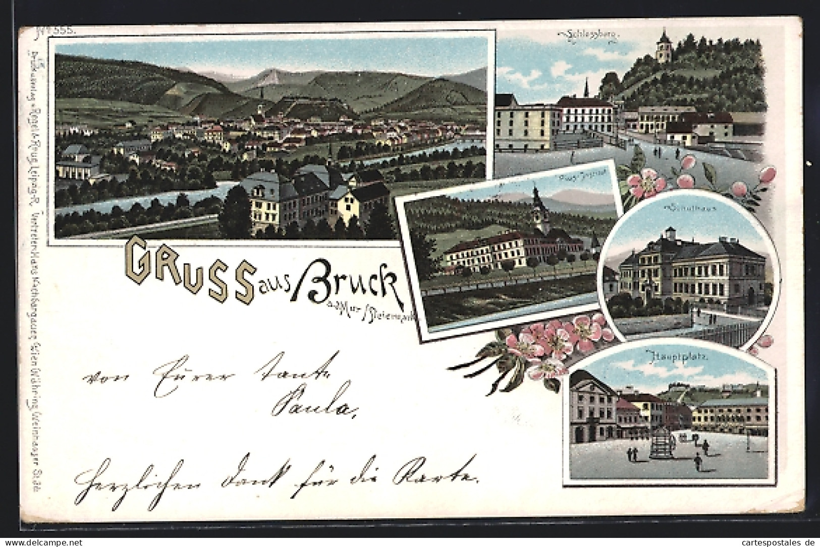 Lithographie Bruck A. Mur, Pius-Institut, Schlossberg, Schulhaus  - Autres & Non Classés