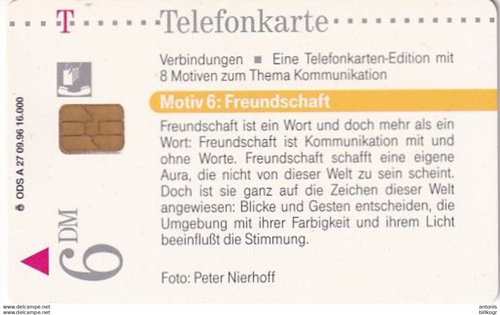 GERMANY(chip) - Peter Nierhoff/Motiv 6 "Freundschaft"(A 27), Tirage 16000, 09/96, Used - A + AD-Reeks :  Advertenties Van D. Telekom AG