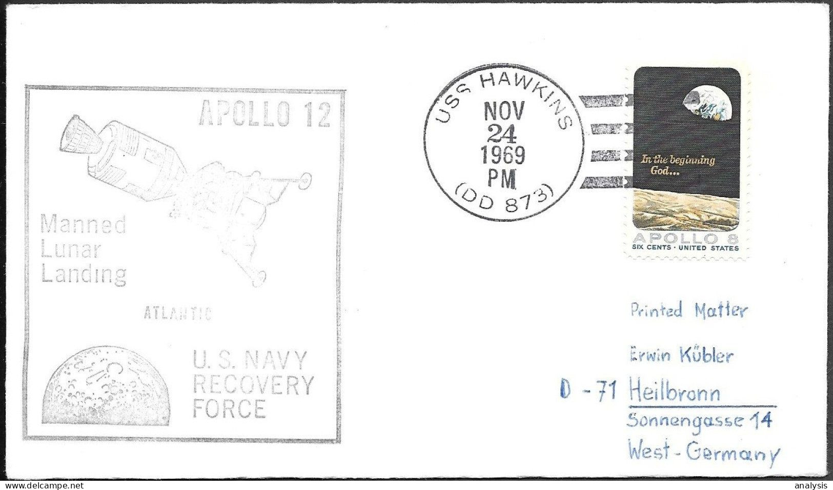 US Space Cover 1969. "Apollo 12" Recovery USS Hawkins - Stati Uniti