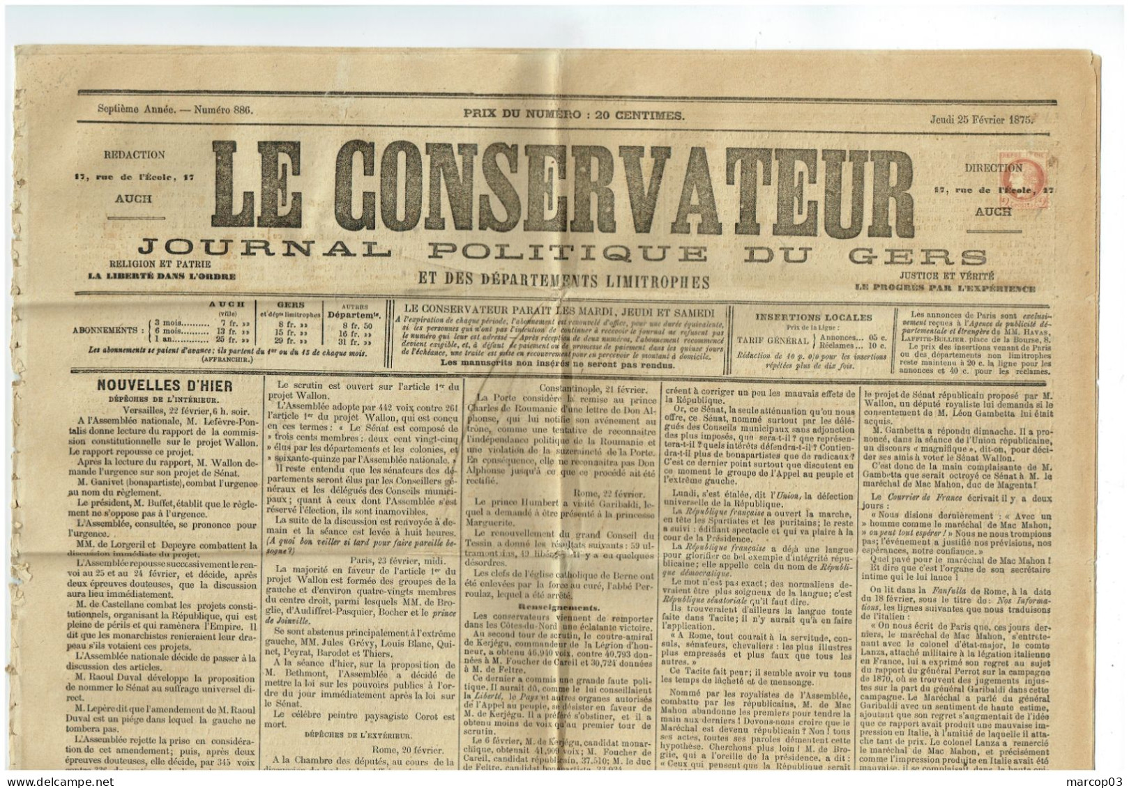 32 GERS Journal Le Conservateur Du 25/02/1875 2 C Cérès N° 51 Obl Typo Journal Complet TTB - Journaux
