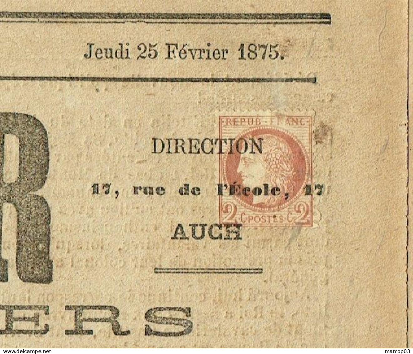 32 GERS Journal Le Conservateur Du 25/02/1875 2 C Cérès N° 51 Obl Typo Journal Complet TTB - Kranten