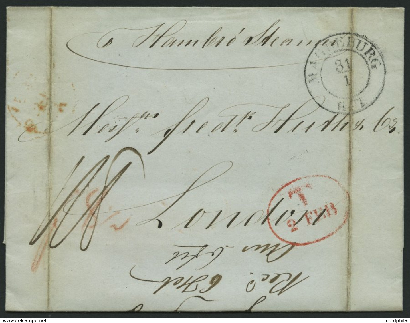 HAMBURG - GRENZÜBERGANGSSTEMPEL 1844, T 2 FEB, In Rot Auf Brief Von Magdeburg (K2) Nach London, Handschriftlich Hamburg  - Vorphilatelie