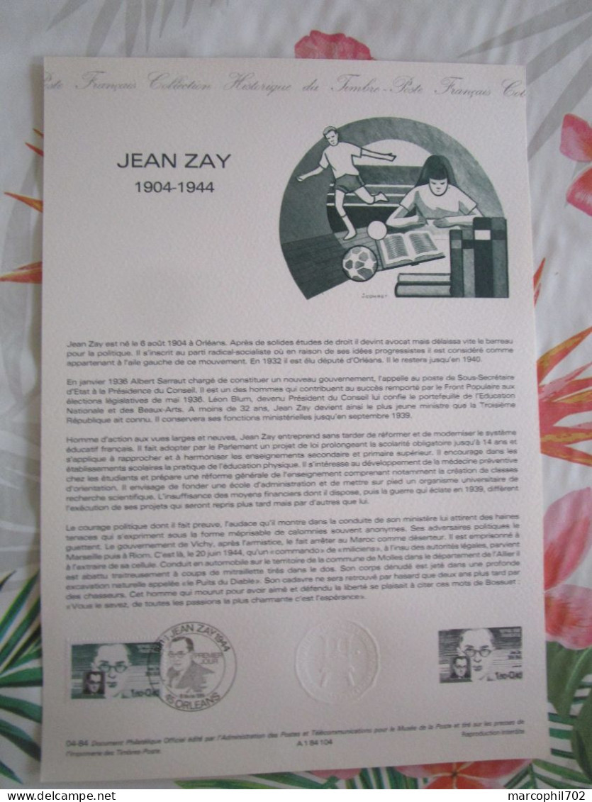 Document Officiel Jean Zay 19/2/84 - Documents Of Postal Services