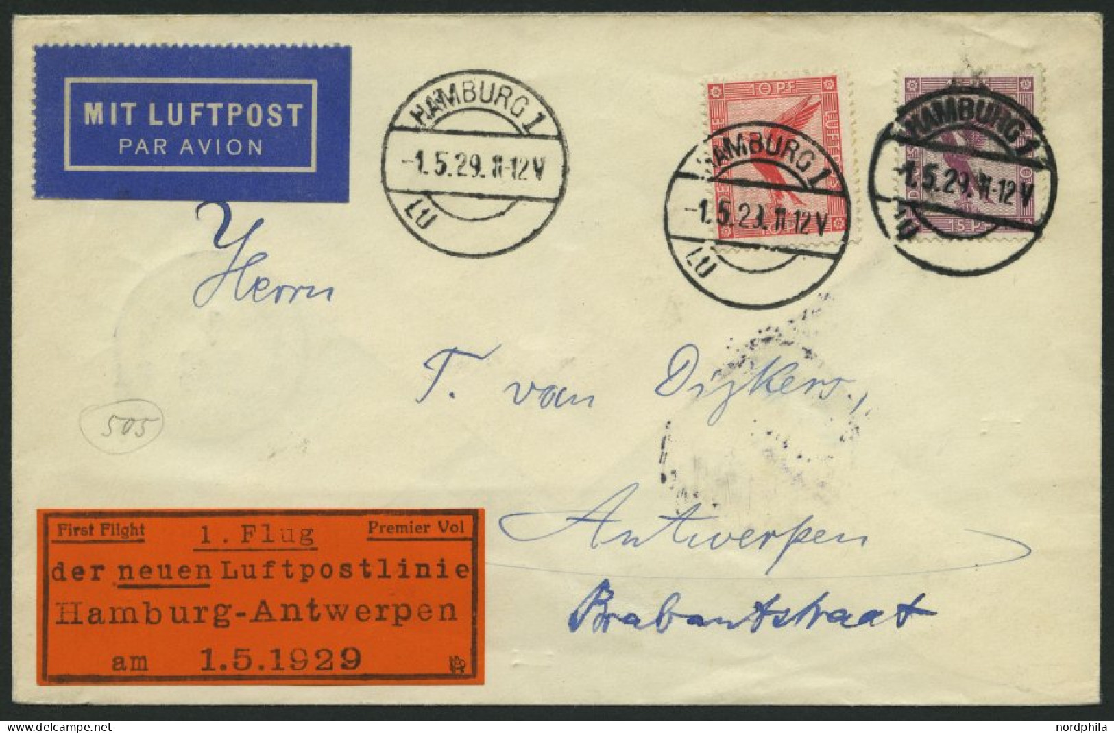 ERST-UND ERÖFFNUNGSFLÜGE 29.5.02 BRIEF, 1.5.1929, Hamburg-Antwerpen, Prachtbrief - Zeppelins