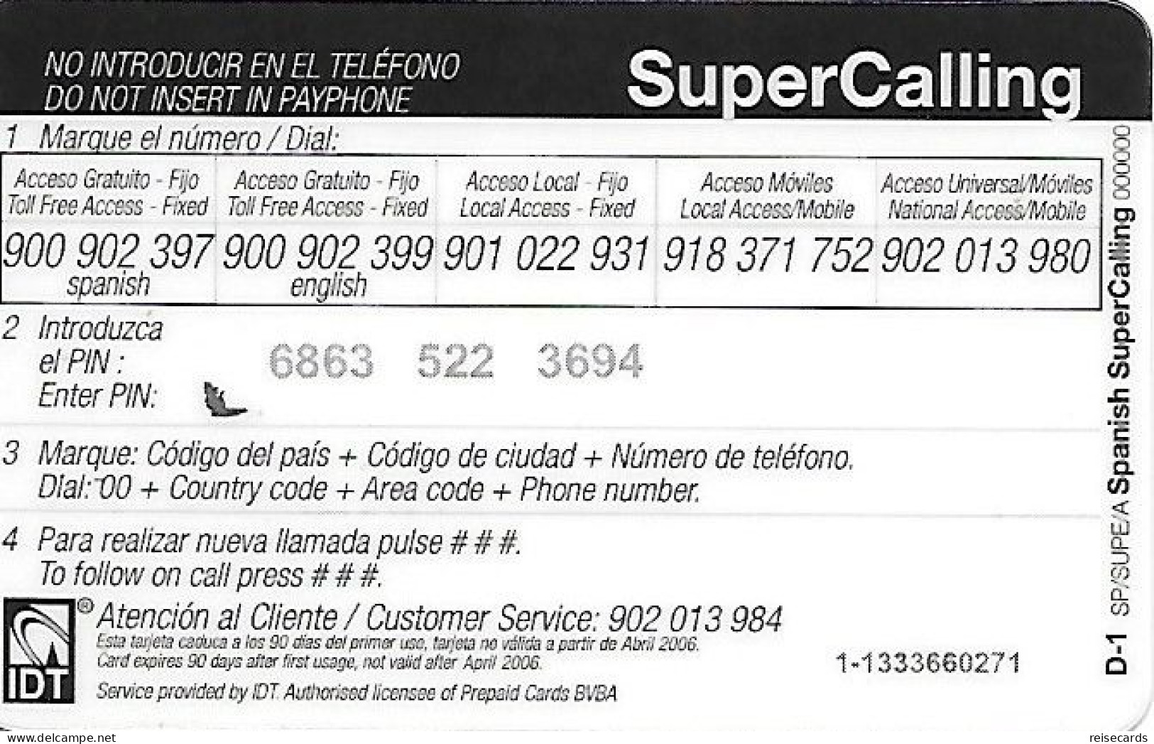Spain: Prepaid IDT - SuperCall € 1 04.06 - Other & Unclassified