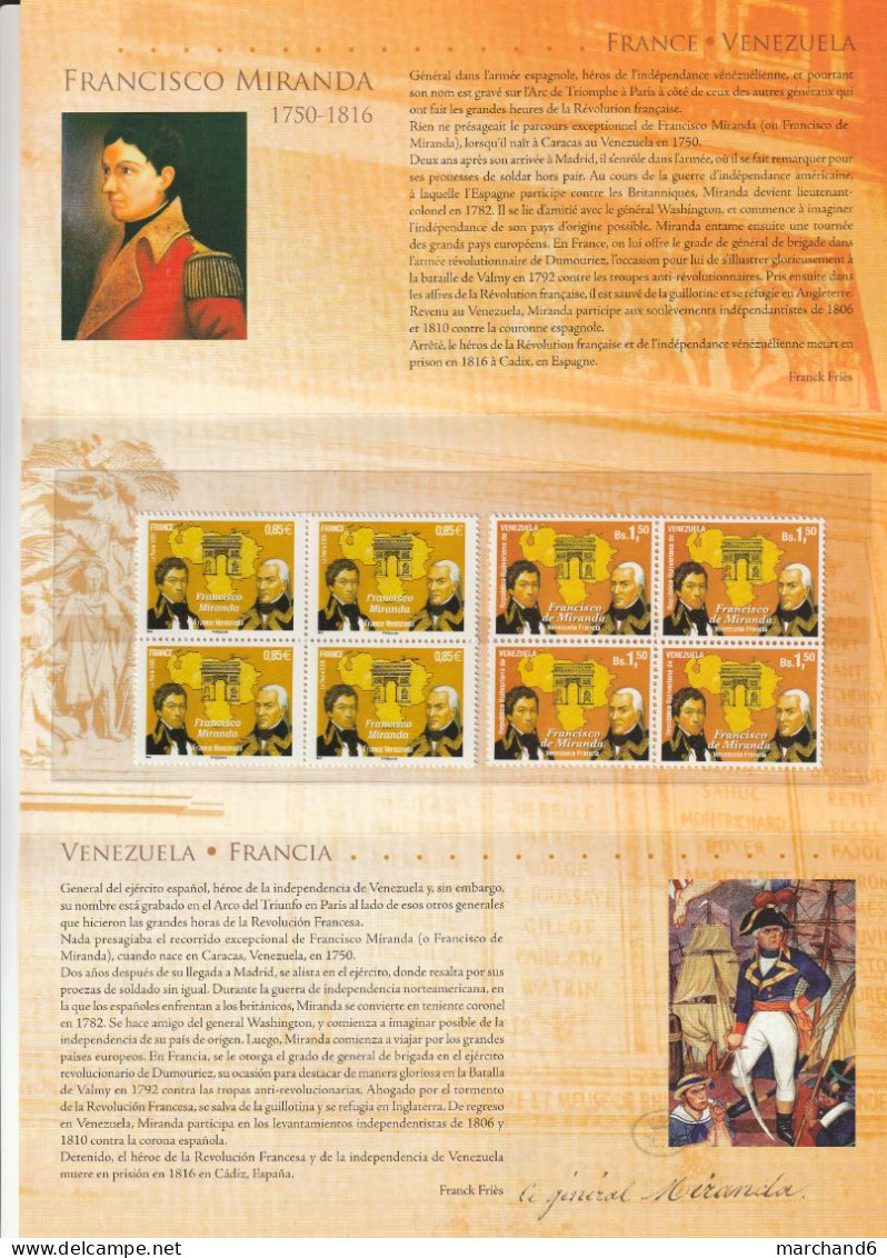 2009 France Venezuela Pochette Souvenir N°38 émissions Communes Francisco Miranda N°4408 Et 2789 Neuf ** - Autres & Non Classés