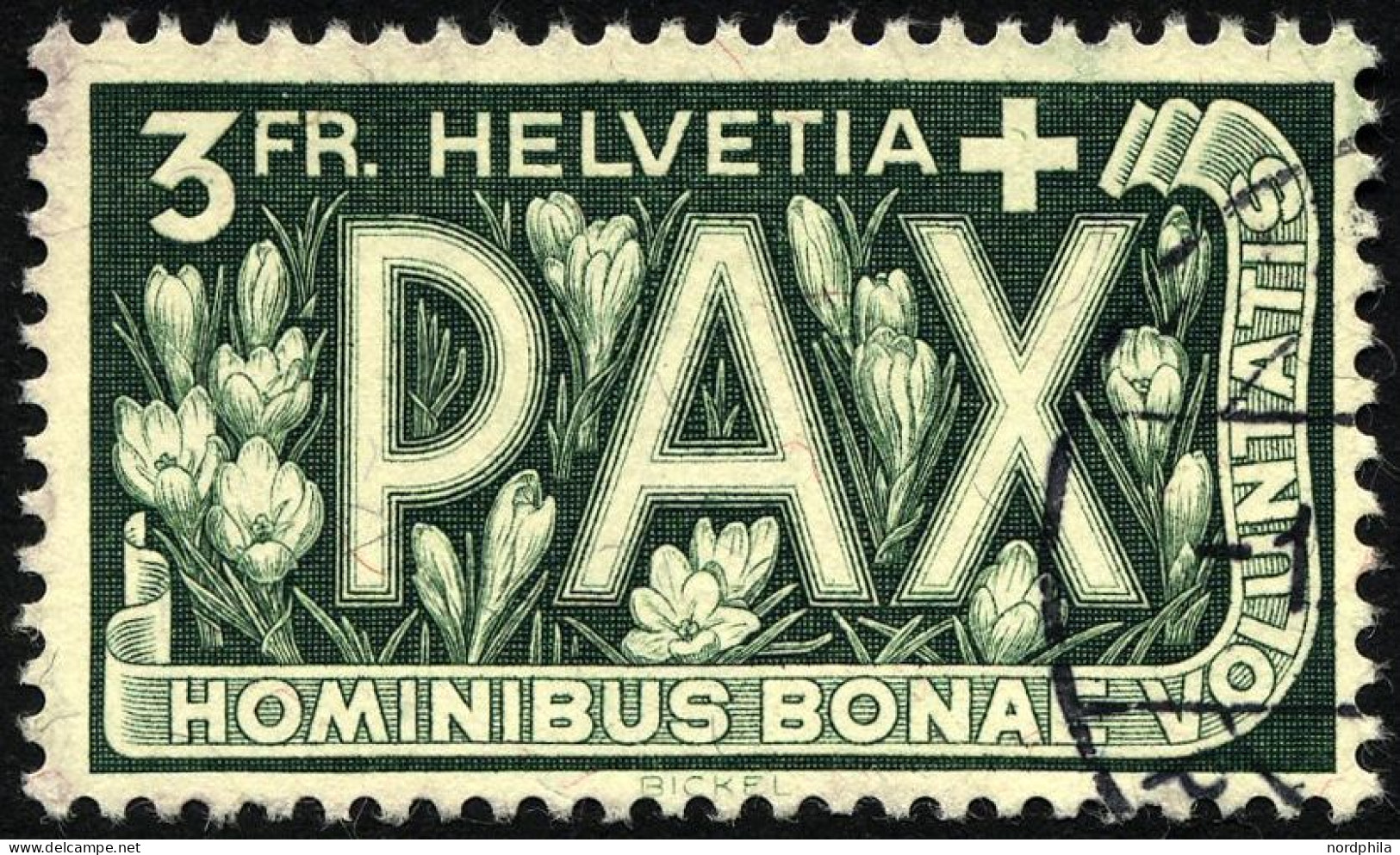 SCHWEIZ BUNDESPOST 457 O, 1945, 3 Fr. PAX, Pracht, Gepr. Marchand, Mi. 110.- - Oblitérés