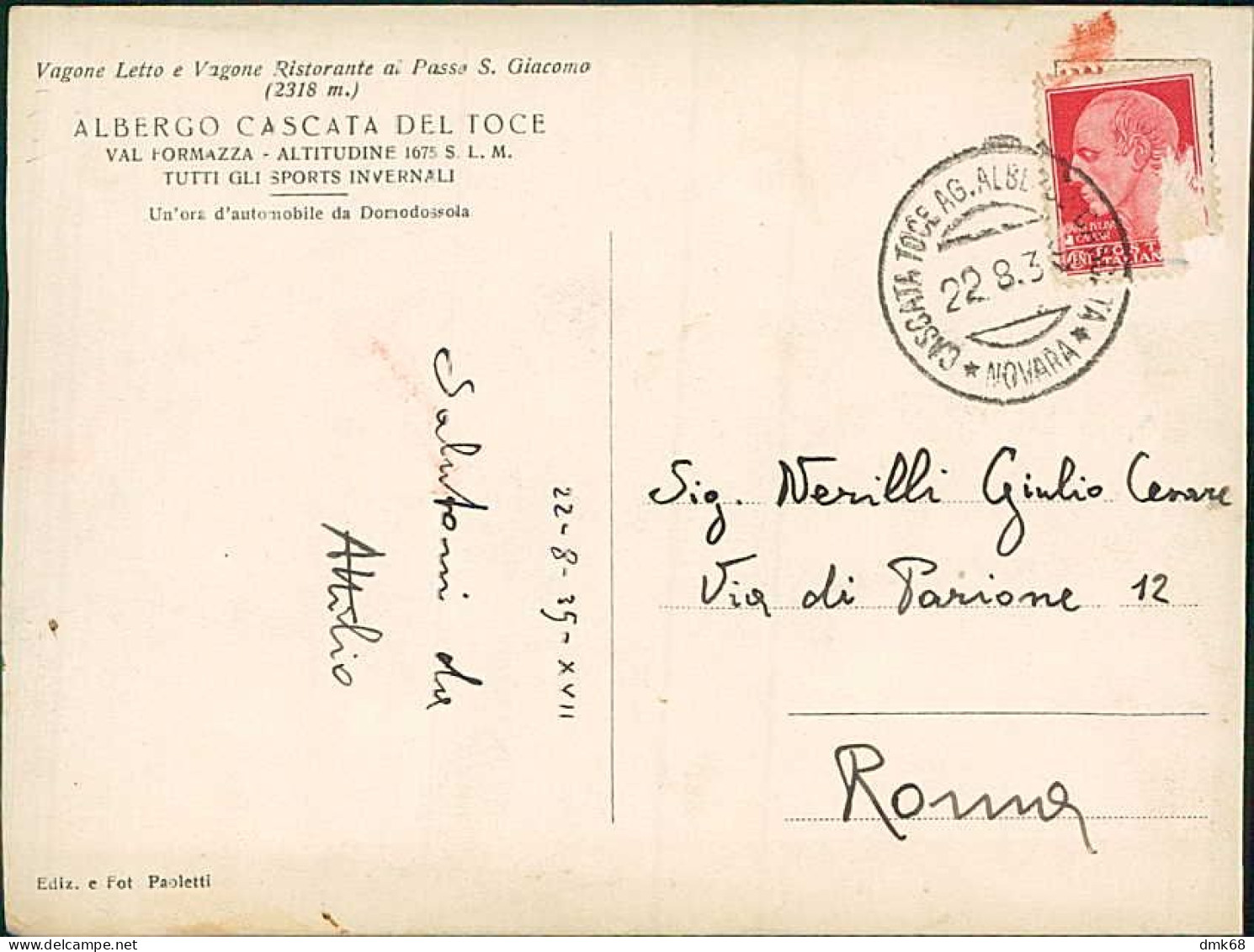 ALBERGO CASCATA DEL TOCE ( VERBANIA ) IL WAGRISTORATORE - SAN GIACOMO PESCATORE  / TRENO - SPEDITA 1935 (20619) - Verbania