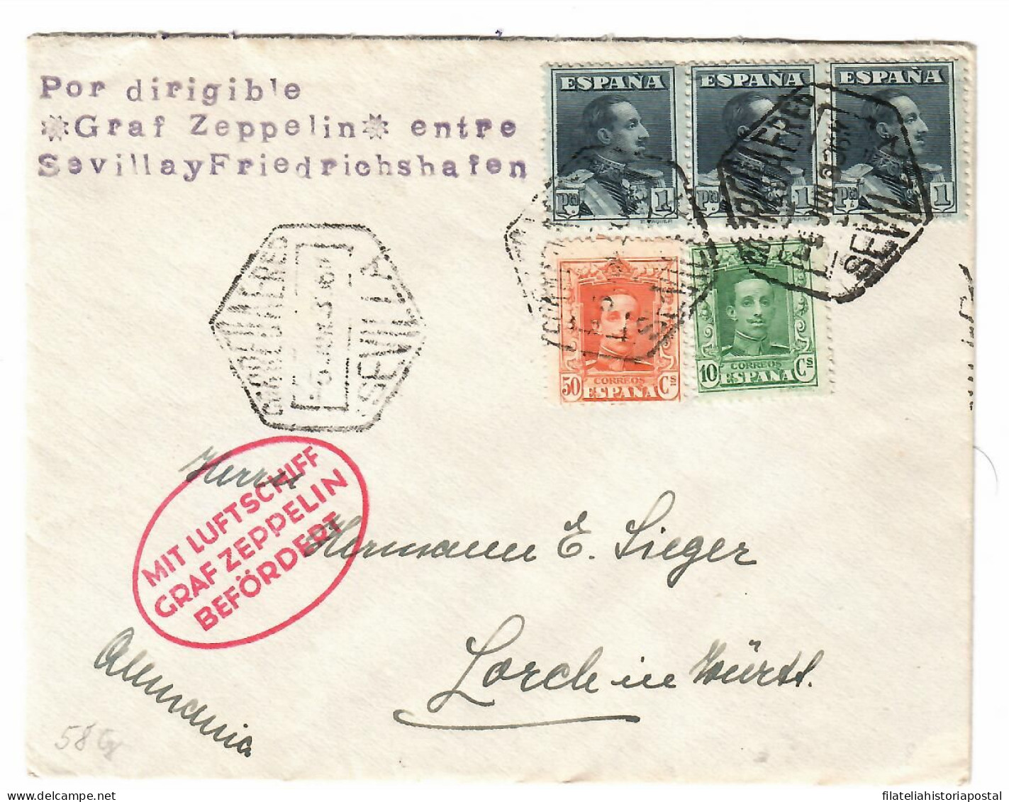 2580 SPAIN ESPAÑA ALFONSO XIII VAQUER GRAF ZEPPELIN SEVILLA FRIEDRIHSHAFEN GERMANY AIR MAIL FLIGHT 1930 - Covers & Documents