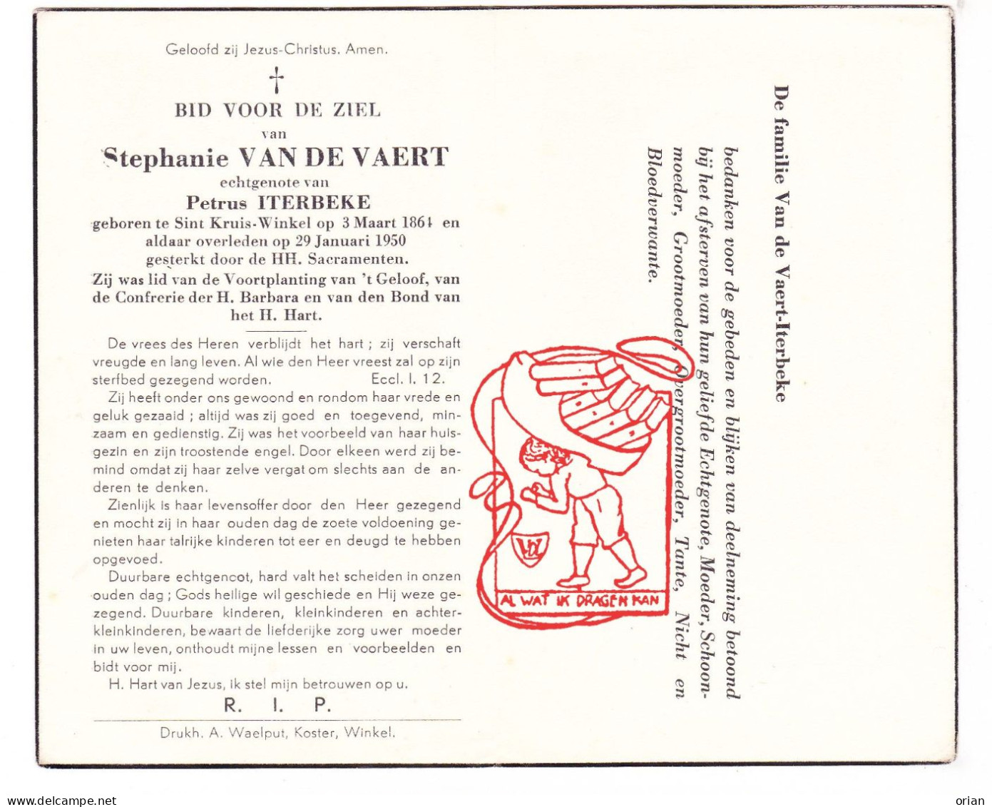 DP Stephanie Van De Vaert ° Sint-Kruis-Winkel Gent 1861 † 1950 X Petrus Iterbeke - Andachtsbilder