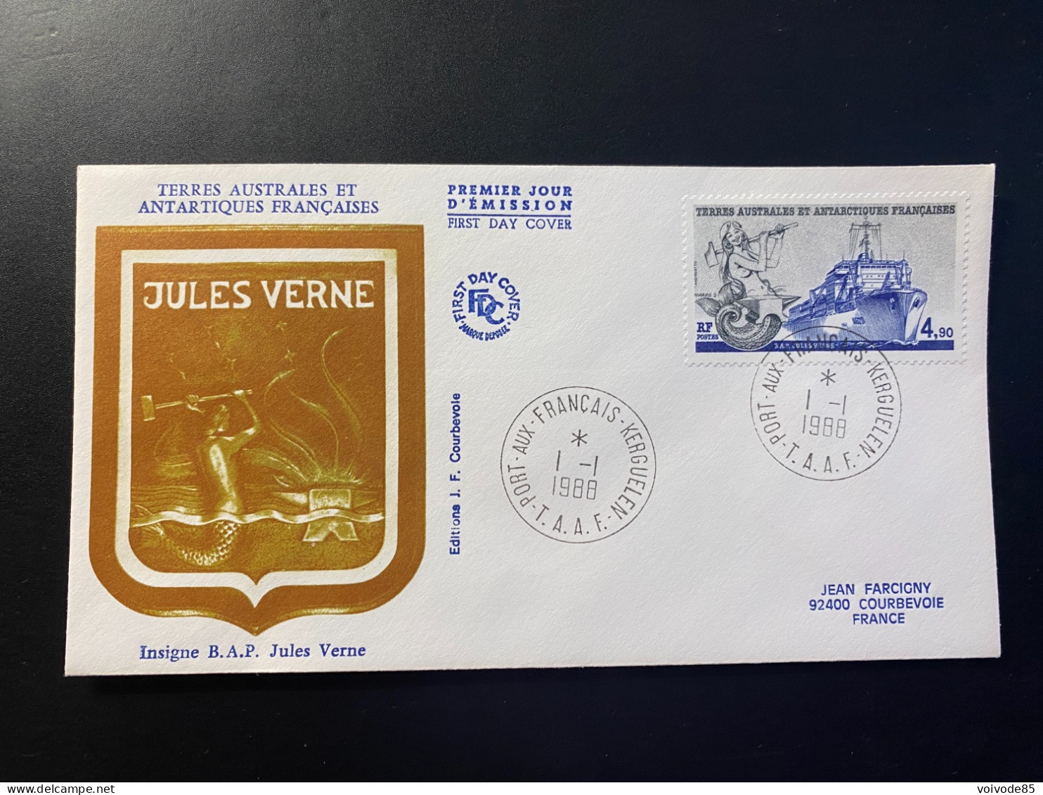 Enveloppe 1er Jour "B.A.P. Jules Verne" - 01/01/1988 - 136 - TAAF - Iles Kerguelen - Bateaux - FDC