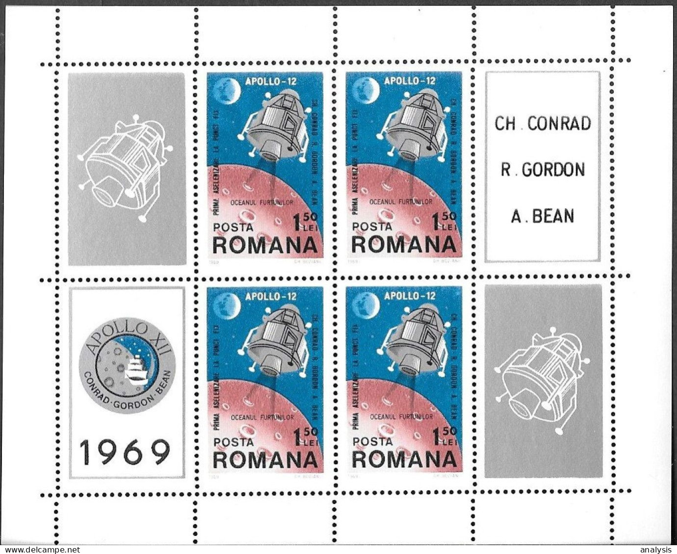 Romania Space S/ Sheet 1969 MNH. "Apollo 12" Moon Landing - Europa