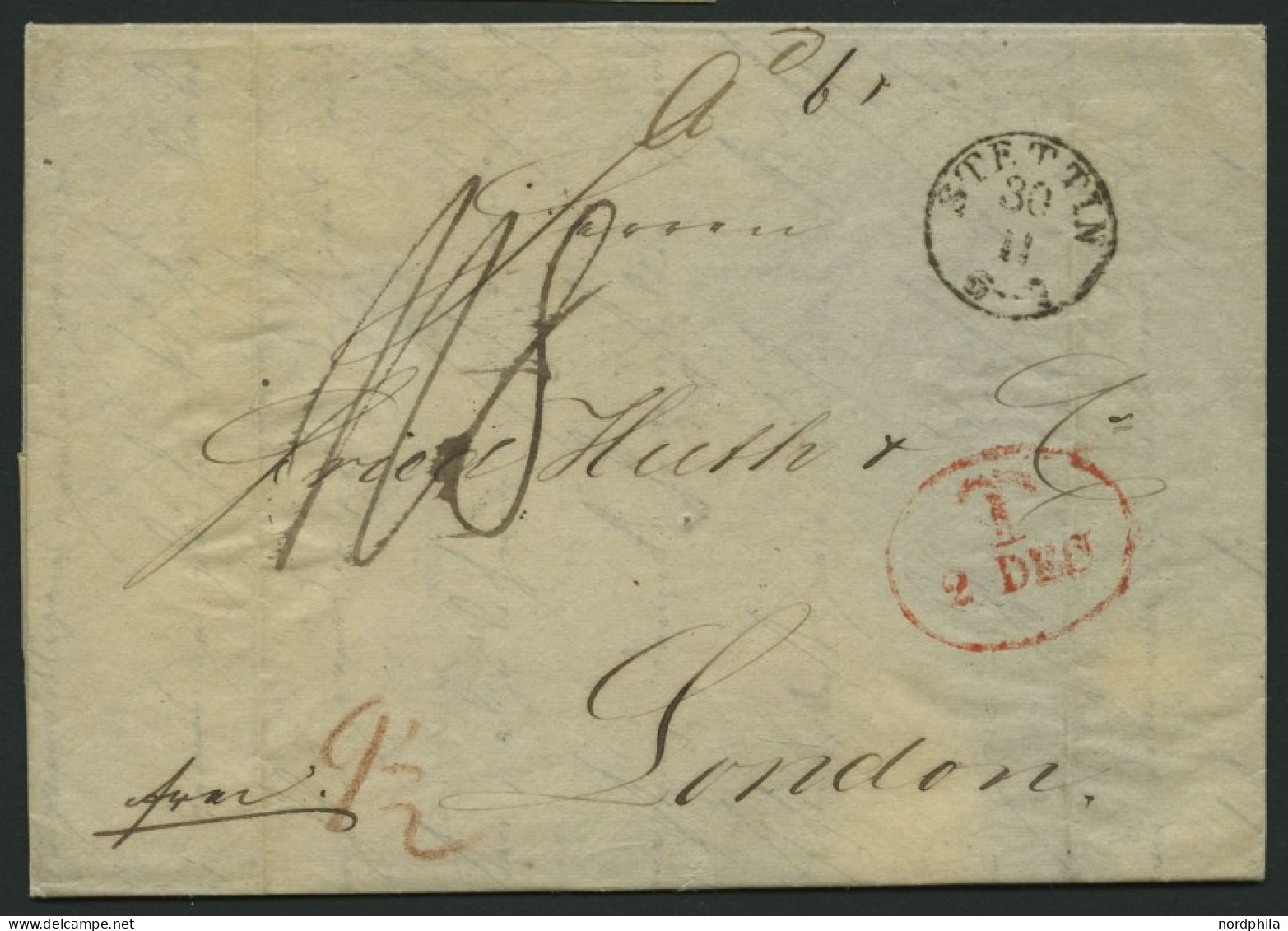 HAMBURG - GRENZÜBERGANGSSTEMPEL 1842, T 2 DEC, In Rot Auf Brief Von Stettin (K1) über Hamburg (rückseitiger K1) Nach Lon - Vorphilatelie