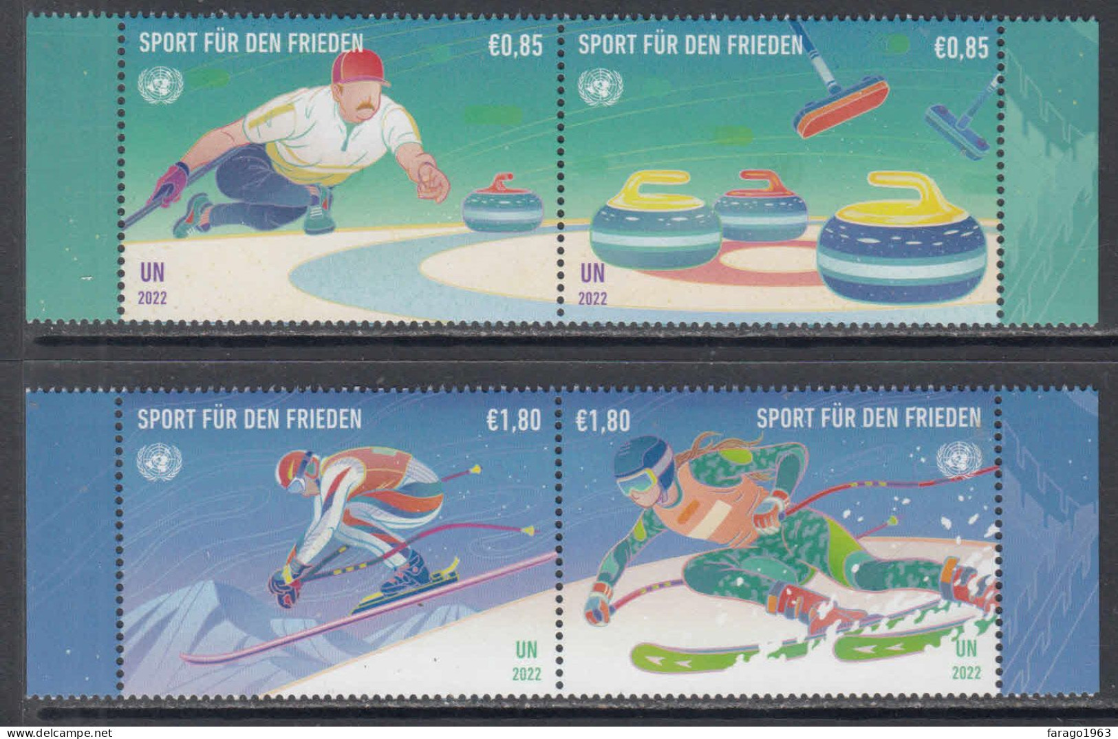 2022 United Nations Vienna Sport For Peace Curling Skiing Complete Set Of 2 Pairs MNH @ BELOW FACE VALUE - Neufs