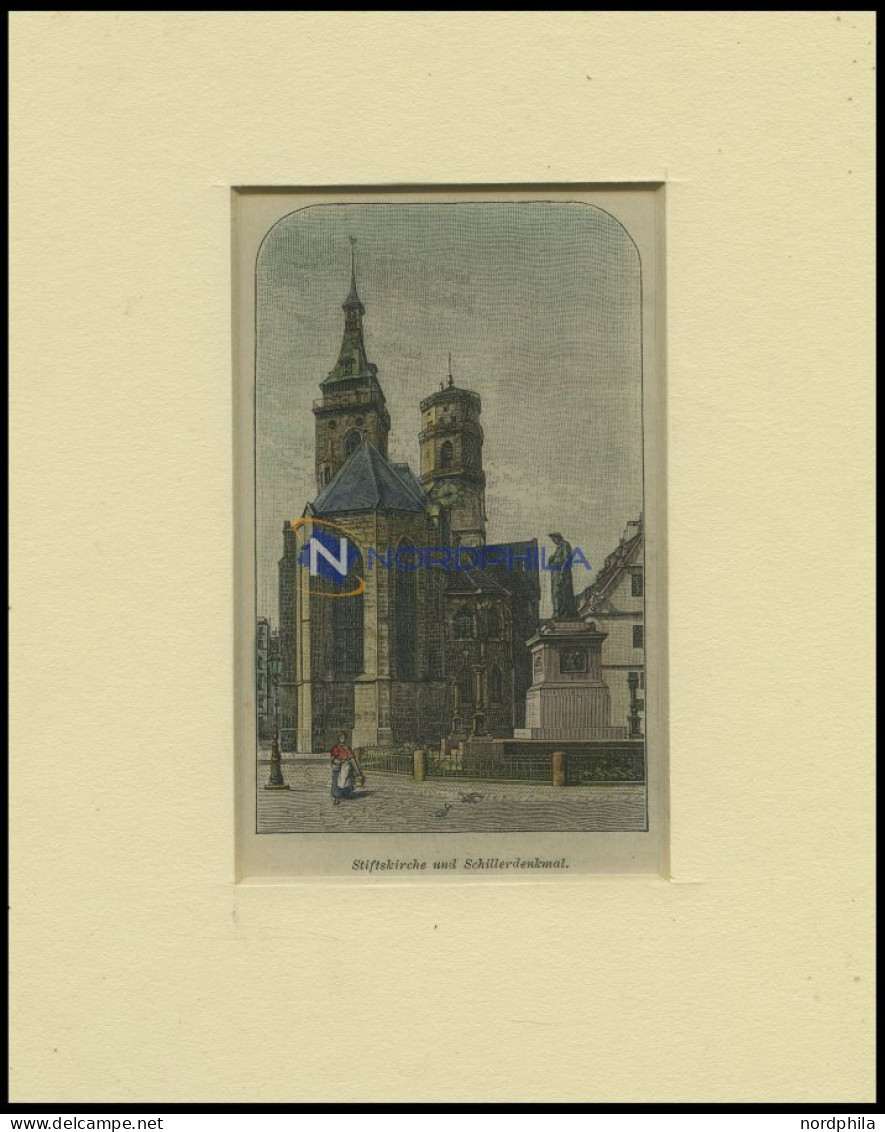 STUTTGART: Die Stiftskirche Und Das Schillerdenkmal, Kolorierter Holzstich Um 1880 - Estampes & Gravures