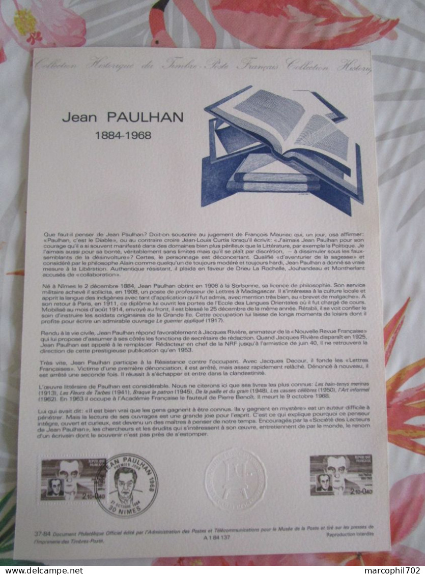 Document Officiel  Jean Paulhan 27/9/84 - Documents Of Postal Services