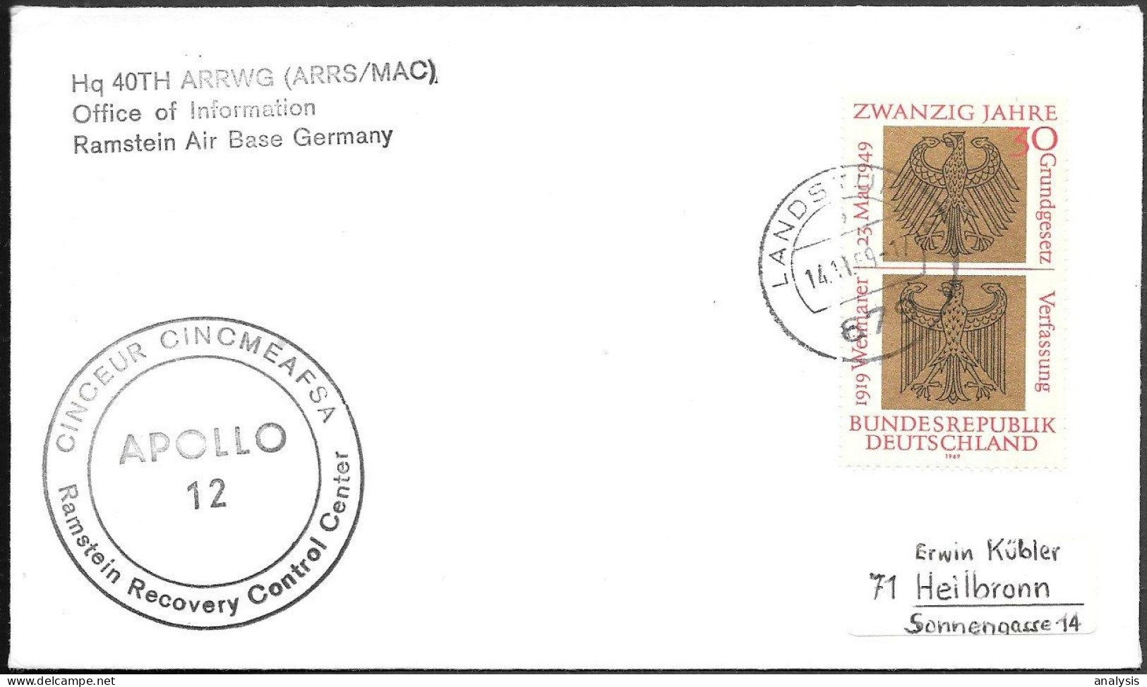 Germany Space Cover 1969. "Apollo 12" Launch Tracking. Ramstein Recovery Control Center - Europe