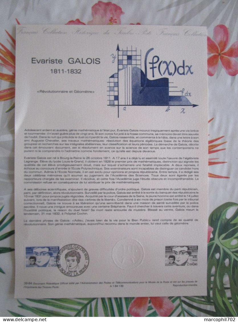 Document Officiel Evariste Galois 7/11/84 - Documents Of Postal Services