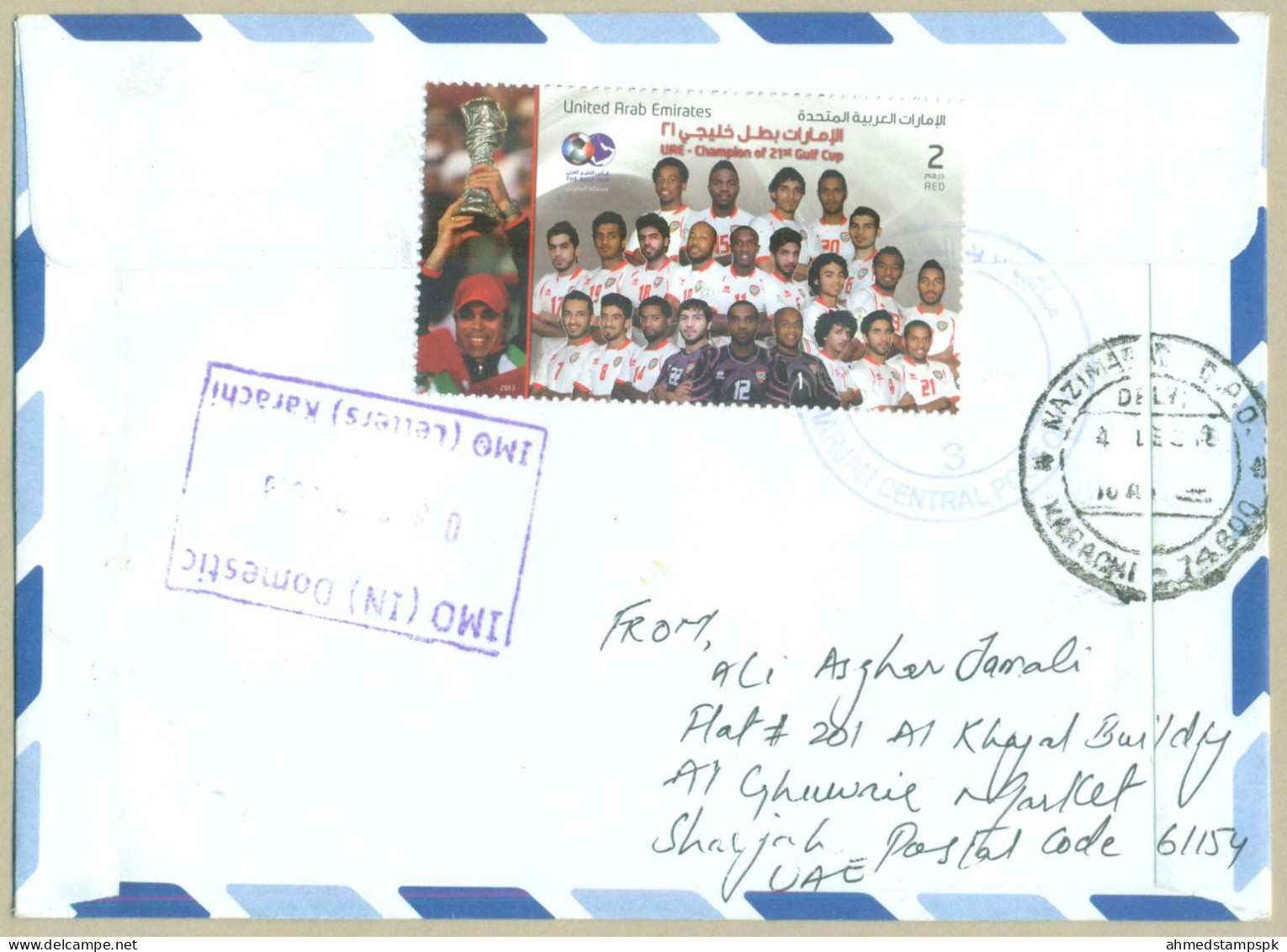 UAE POSTAL USED AIRMAIL COVER TO PAKISTAN UN YEAR OF DIALOGUE AMONG CIVILIZATION GULF CUP - Ver. Arab. Emirate