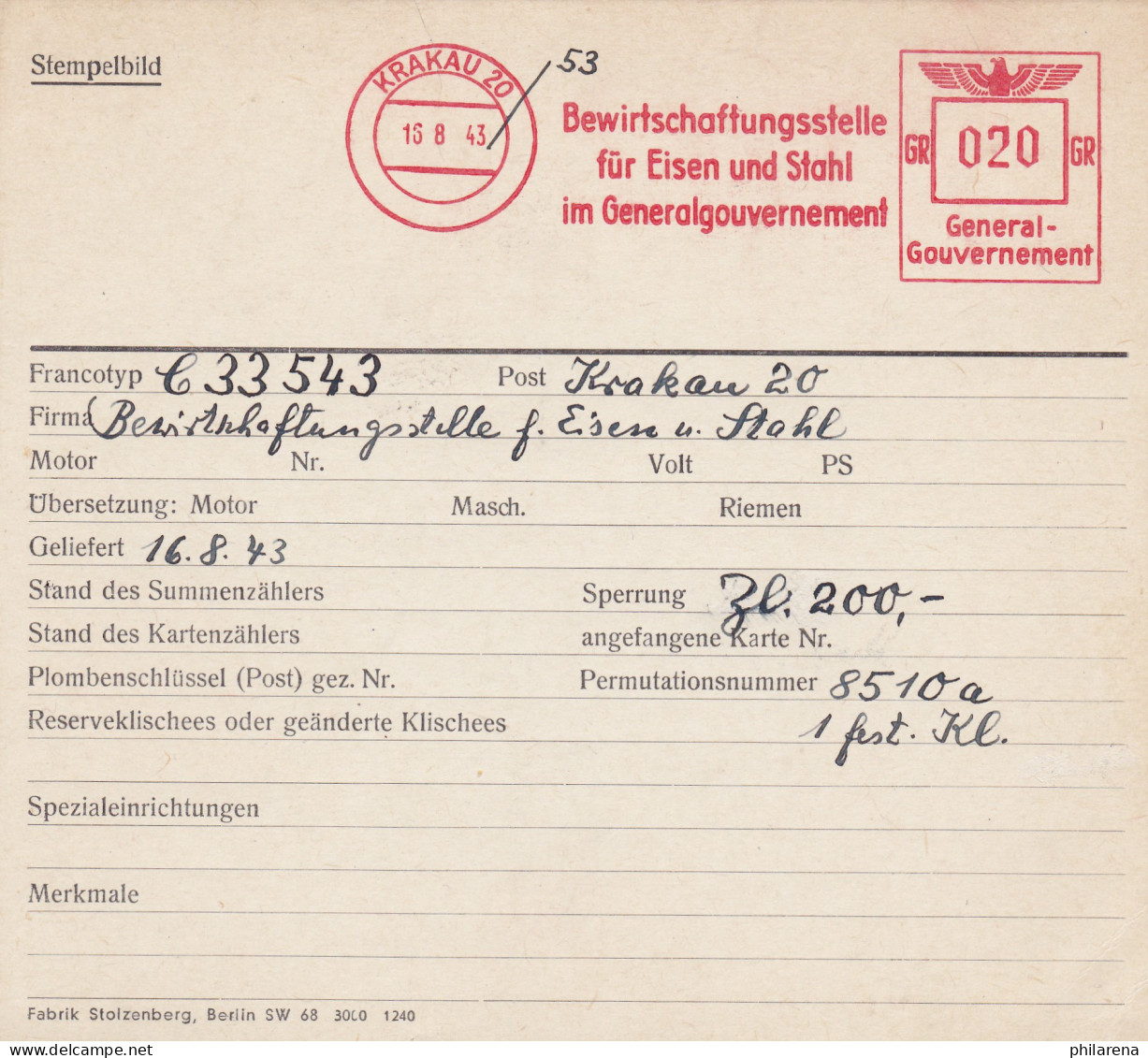 GG: Freistempel: Archivkarte Bewirtschaftungsstelle, Unikat Erstdatum - Occupation 1938-45