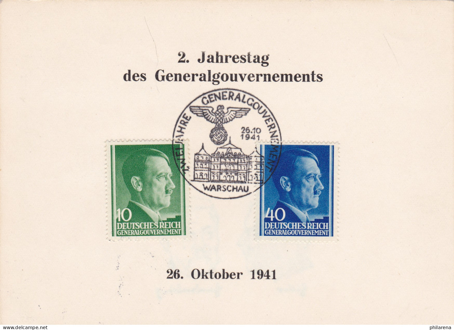 GG: Gedenkarte, Warschau Mit Sonderstempel Und Rückseitigem Privatem Zudruck - Occupation 1938-45