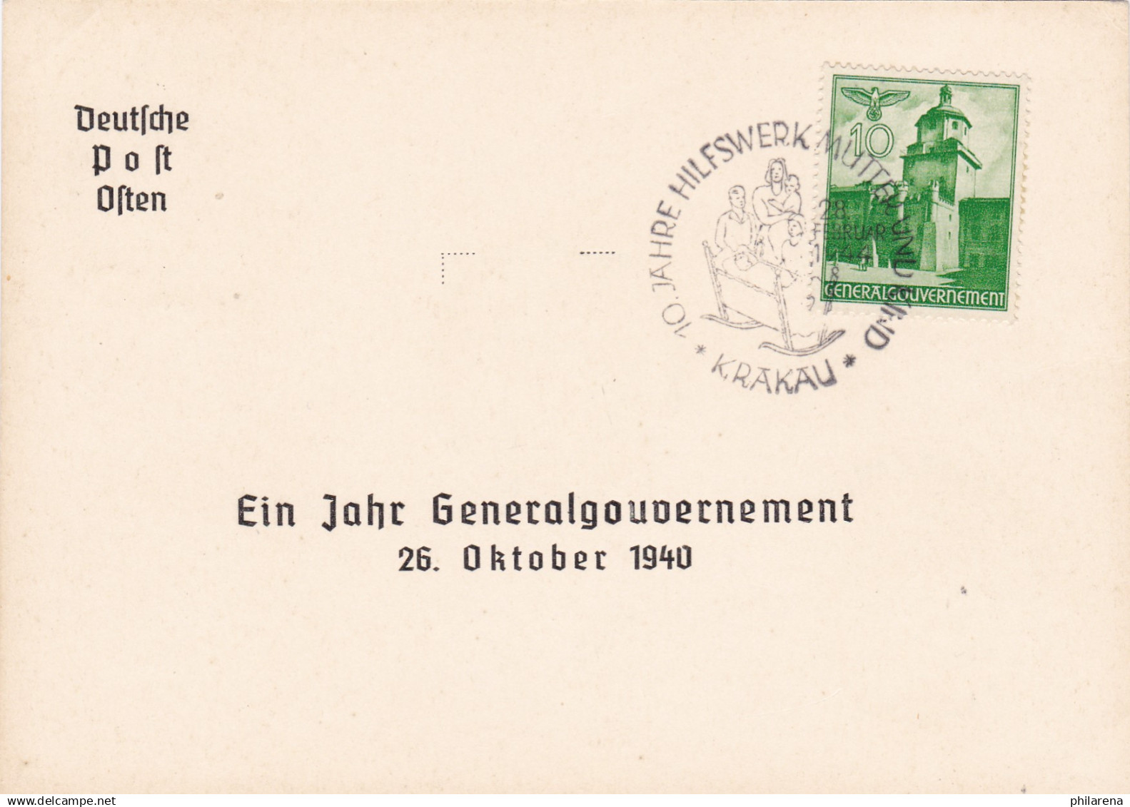 GG: Gedenkarte G5, Marke Mit SSt. 10 Jahre Hilfswerk - Occupation 1938-45