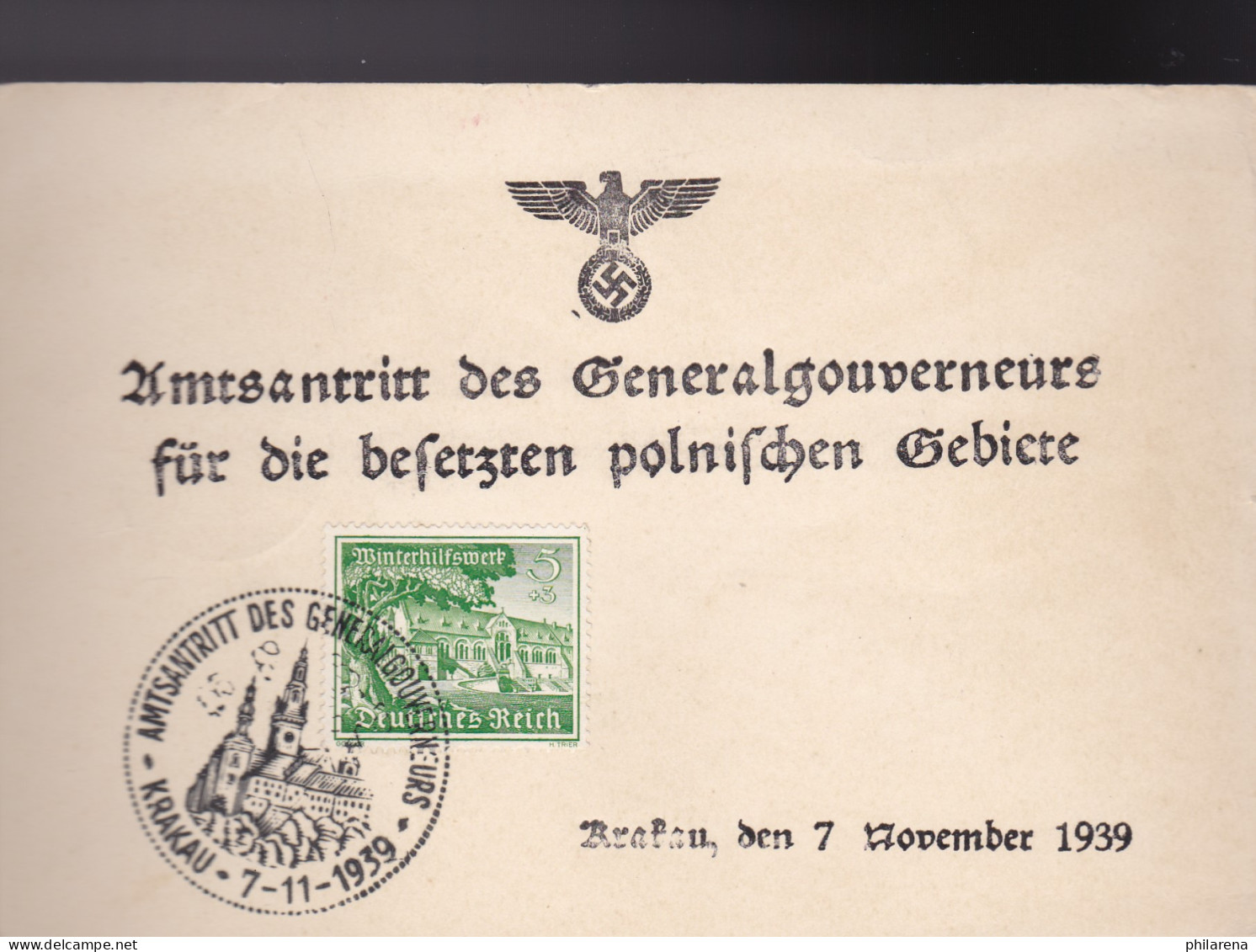 GG: Gedenkarte G1, Langes F, Versandt Am 06.12.39 Aus Warschau - Besetzungen 1938-45