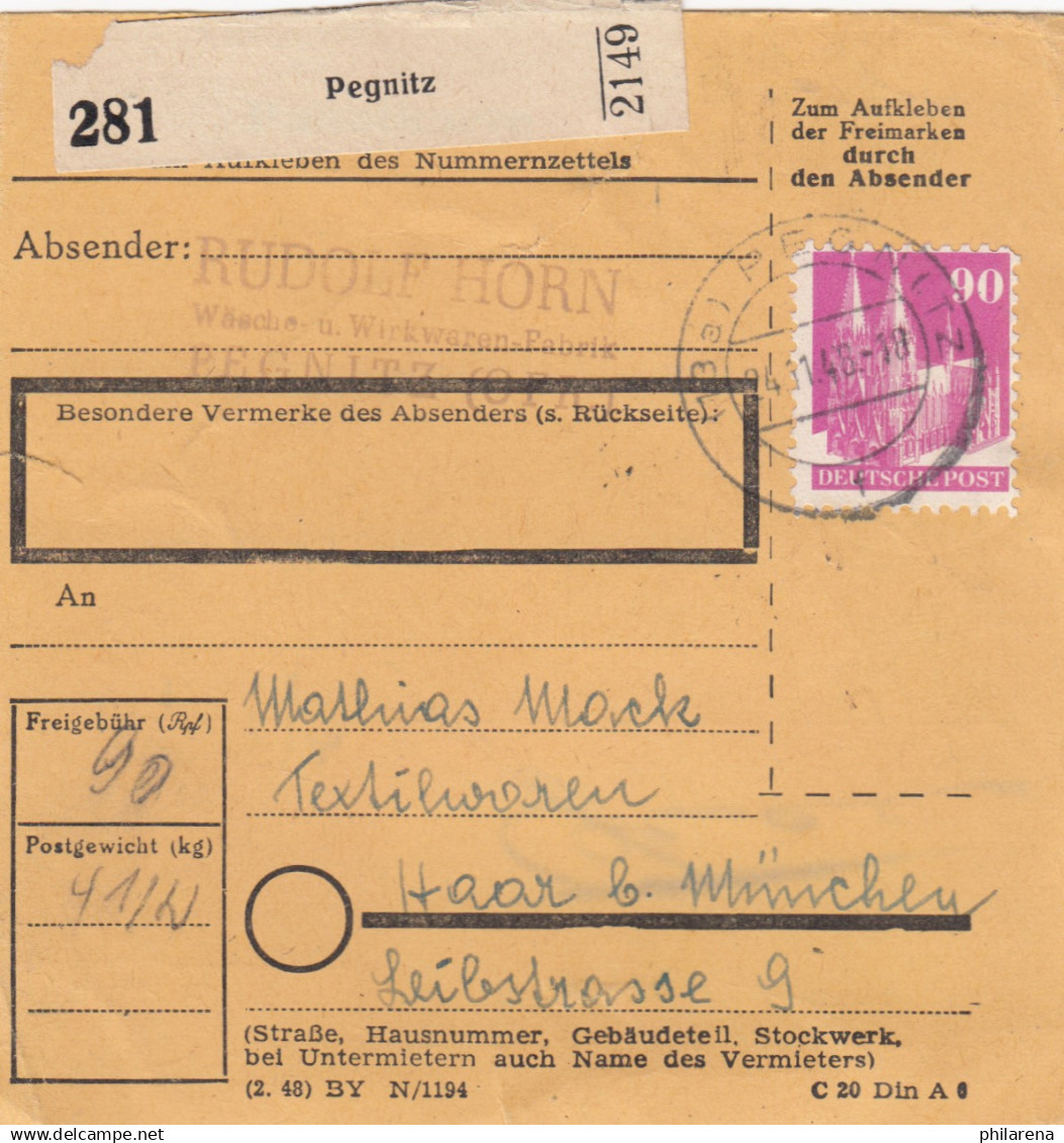 BiZone Paketkarte 1948: Pegnitz Nach Textilwaren In Haar Bei München - Lettres & Documents