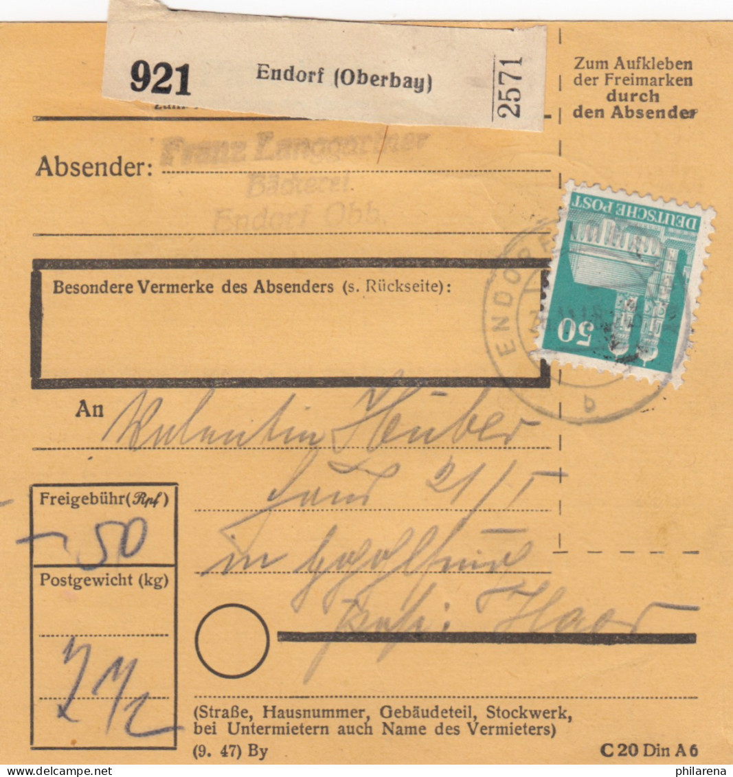 BiZone Paketkarte 1948: Endorf, Bäckerei Langgartner, Nach Haar: Stempel 1937 !! - Lettres & Documents