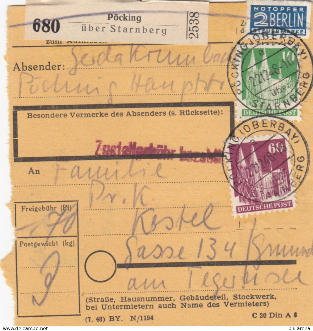 BiZone Paketkarte 1948: Pöking Nach Gmund Am Tegernsee - Lettres & Documents