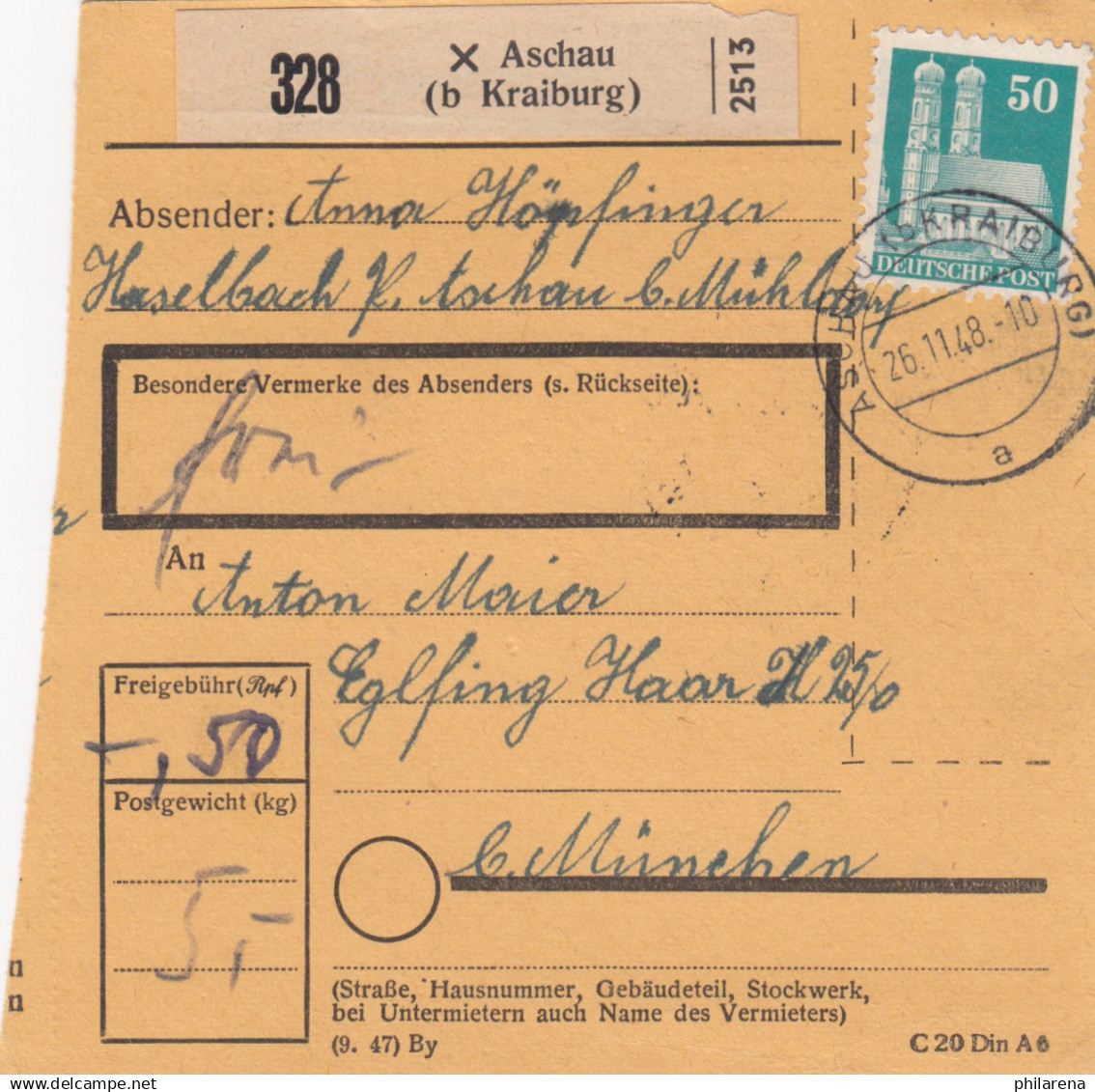 BiZone Paketkarte 1948: Aschau Nach Eglfing, München - Lettres & Documents