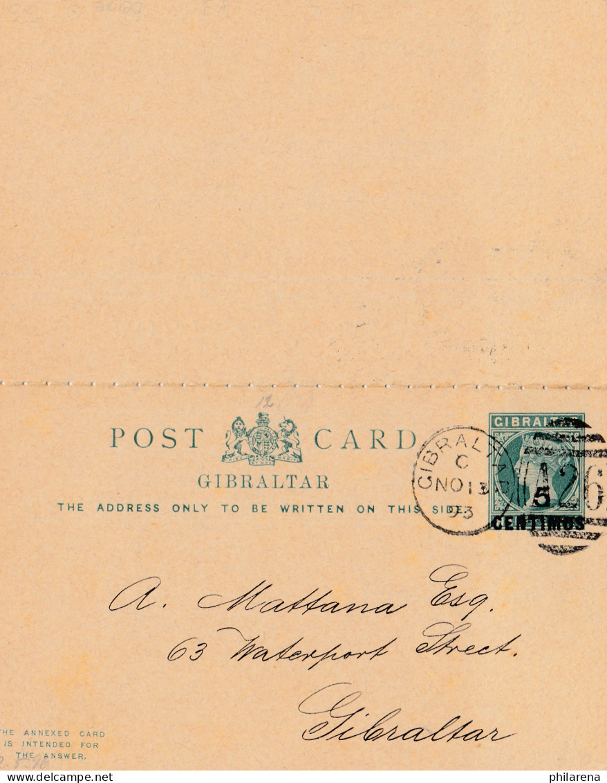 Gibraltar: 1893: Ganzsache Mit Antwortkarte P12 - Gibraltar