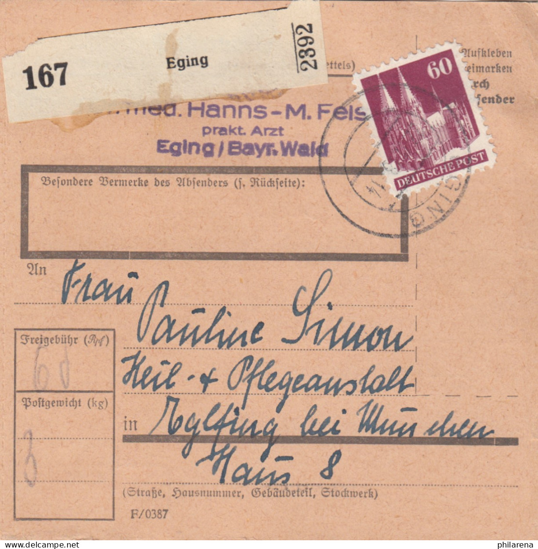 BiZone Paketkarte 1948 : Egin Nach Eglfing, Heil- Und Pflegeanstalt - Covers & Documents