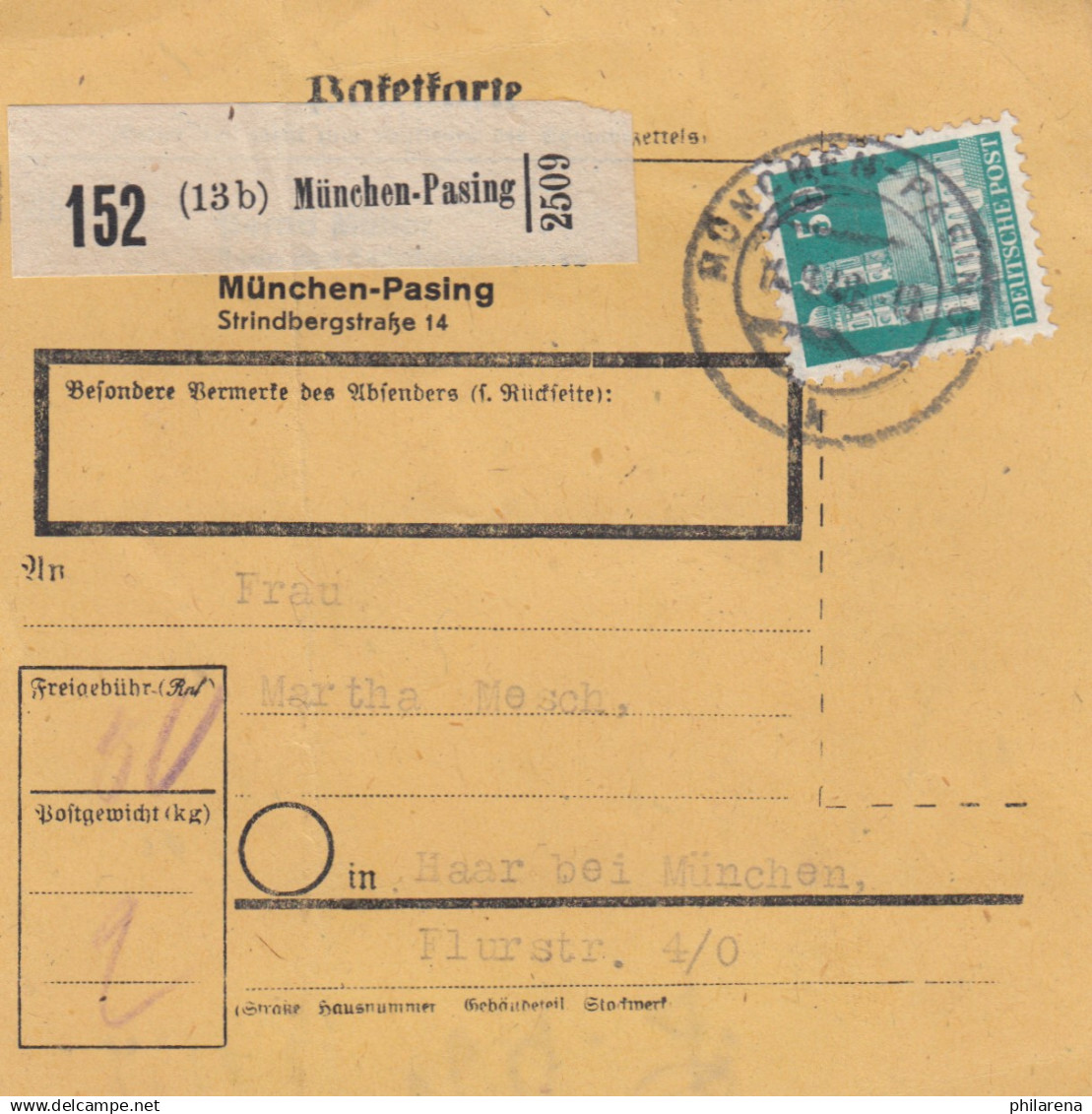 BiZone Paketkarte 1948: München Nach Haar, Selbstbucherkarte Mit Wert - Lettres & Documents