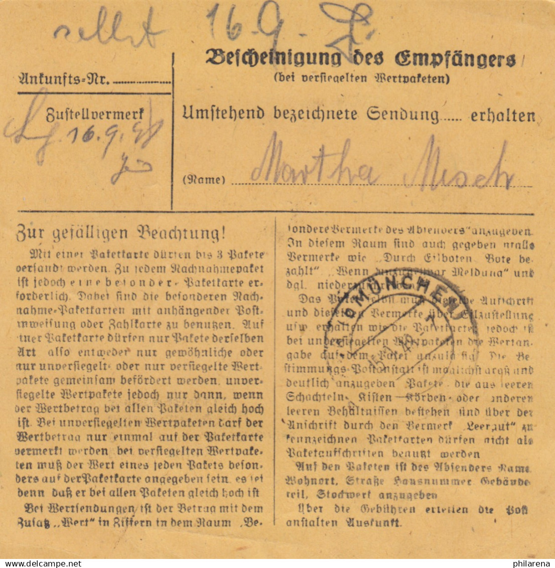 BiZone Paketkarte 1948: München Nach Haar, Selbstbucherkarte Mit Wert - Lettres & Documents