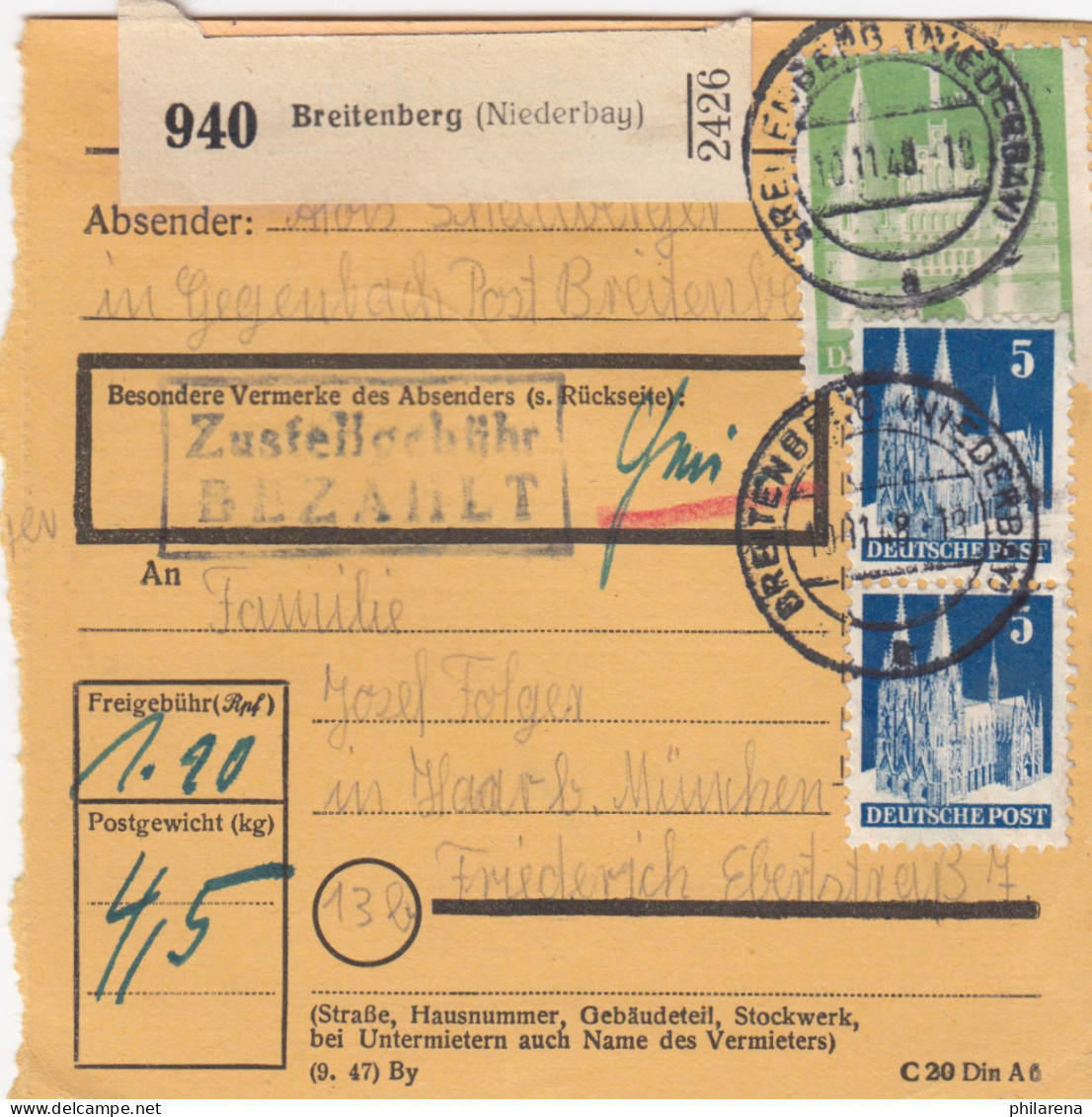 BiZone Paketkarte1948: Breitenberg Nach Haar B. München - Lettres & Documents
