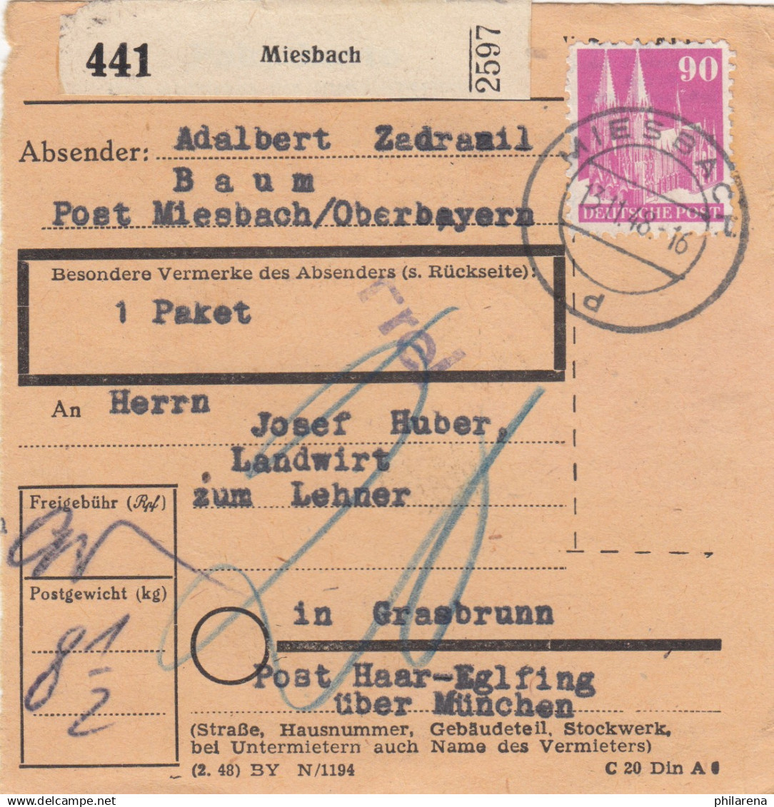 BiZone Paketkarte 1948: Miesbach Nach Grasbrunn, Nachgebühr - Lettres & Documents