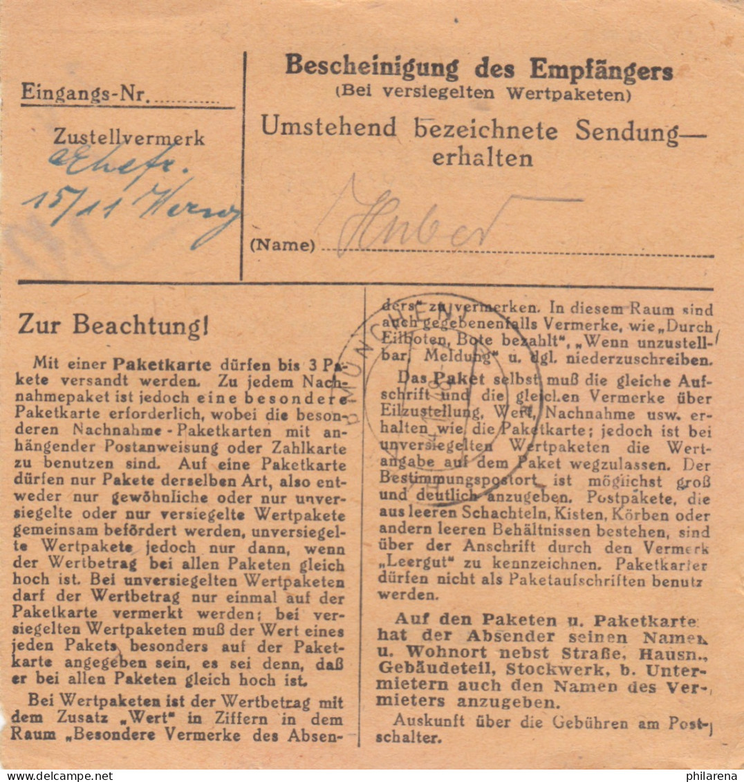 BiZone Paketkarte 1948: Miesbach Nach Grasbrunn, Nachgebühr - Briefe U. Dokumente