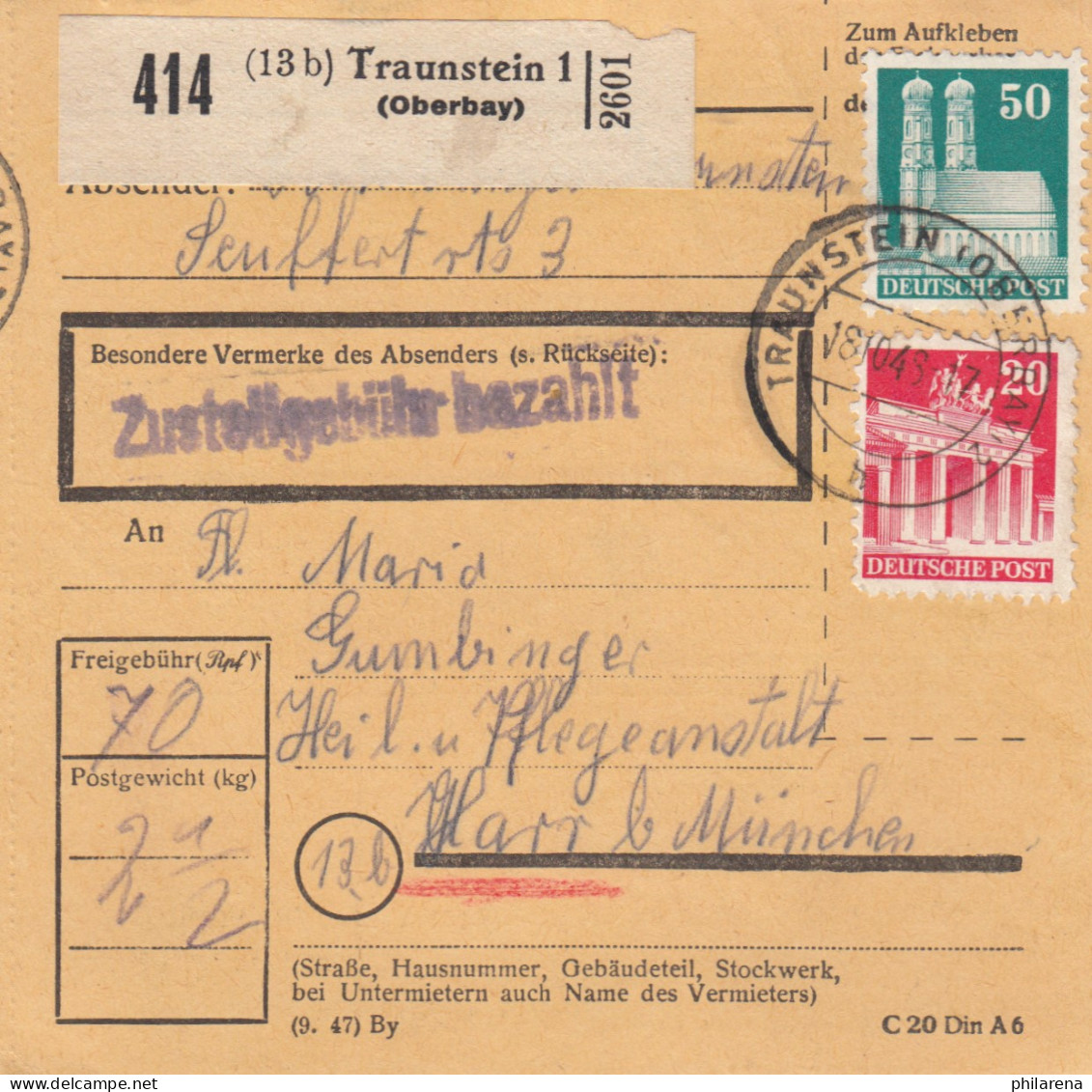 BiZone Paketkarte 1948: Traunstein Nach Heil U. Pflegeanstalt Haar B. München - Cartas & Documentos