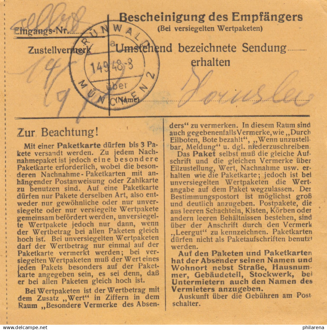 BiZone Paketkarte 1948: Frontenhausen Nach Grünwald - Brieven En Documenten