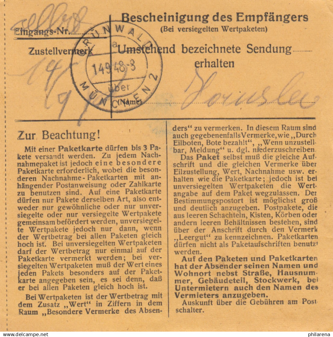 BiZone Paketkarte 1948: Frontenhausen Nach Grünwald - Lettres & Documents