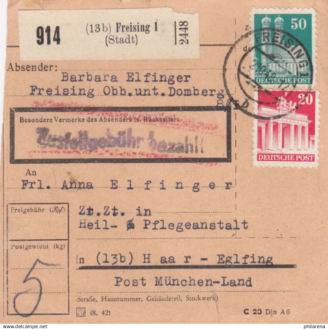 BiZone Paketkarte 1948: Freising Nach Heil- Und Pflegeanstalt In Haar-Eglfing - Brieven En Documenten