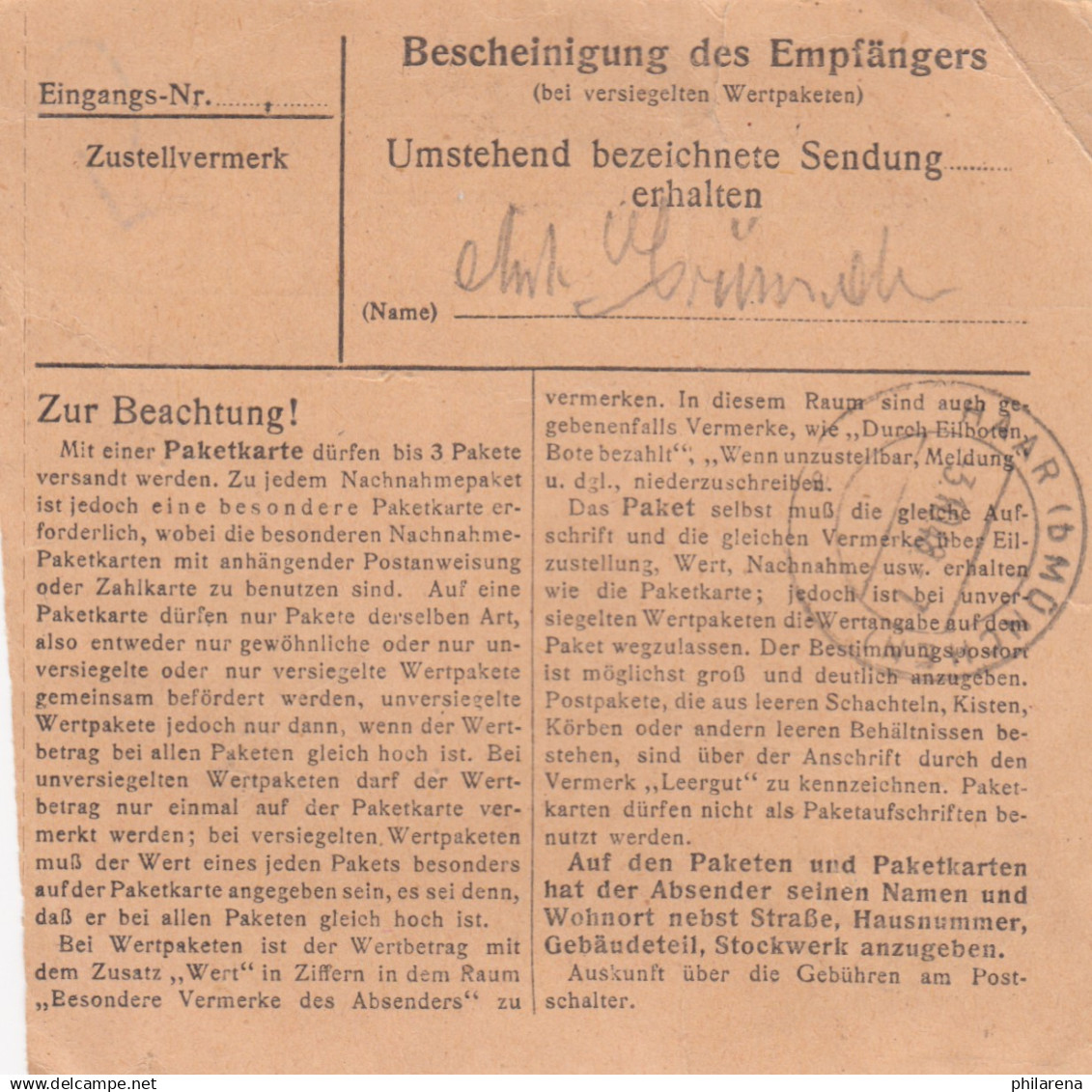 BiZone Paketkarte 1948: Freising Nach Heil- Und Pflegeanstalt In Haar-Eglfing - Cartas & Documentos