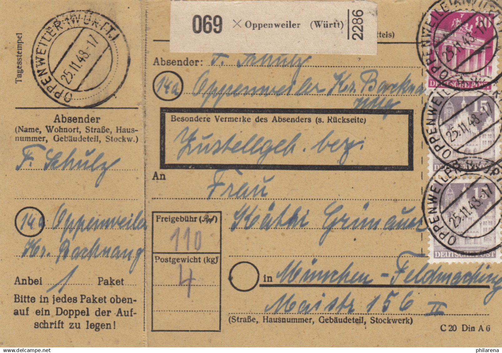 BiZone Paketkarte 1948: Oppenweiler Nach München-Feldmoching - Brieven En Documenten