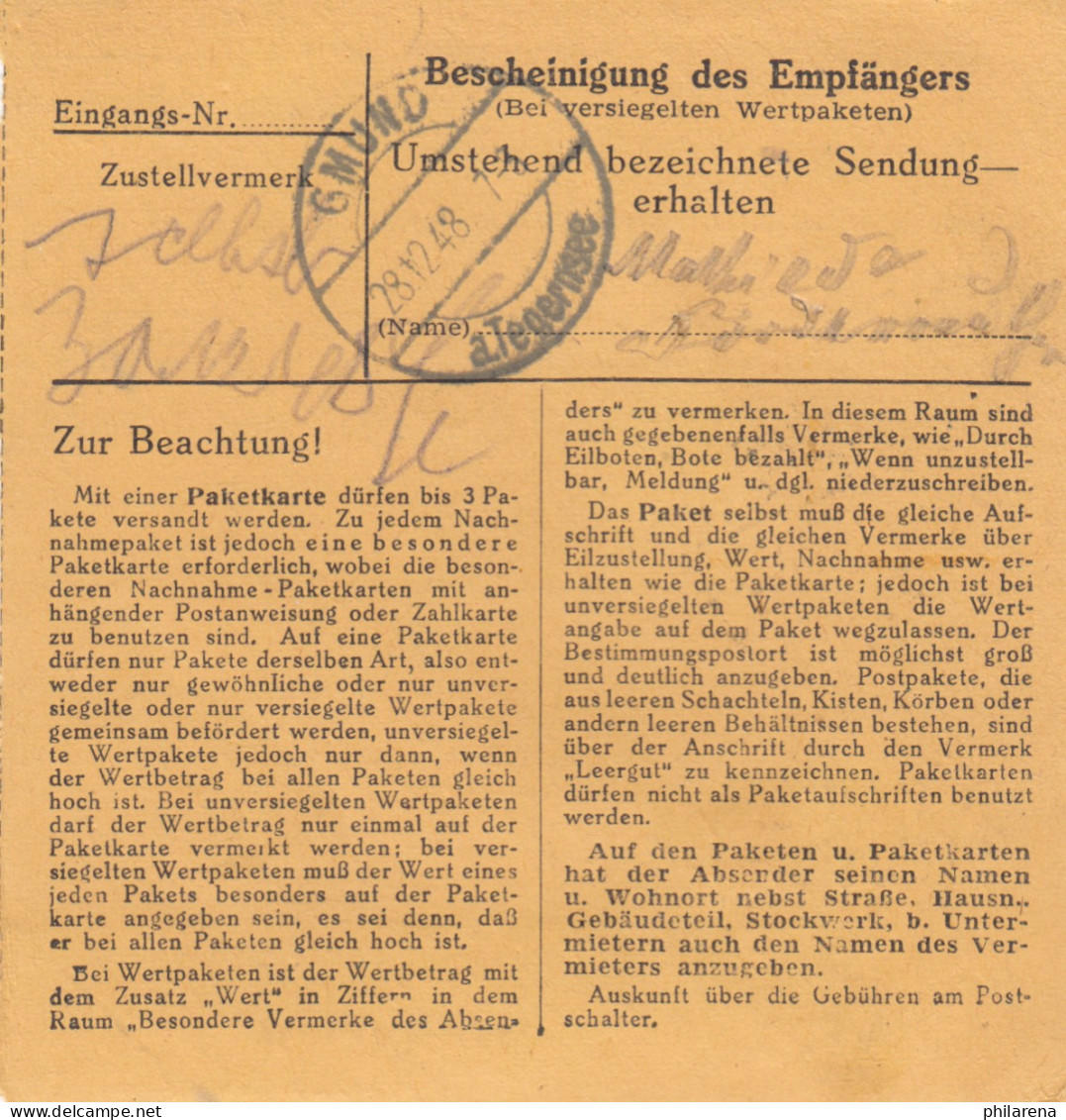 BiZone Paketkarte 1948: Eichstätt Nach Louisenthal, Gmund Am Tegernsee - Brieven En Documenten