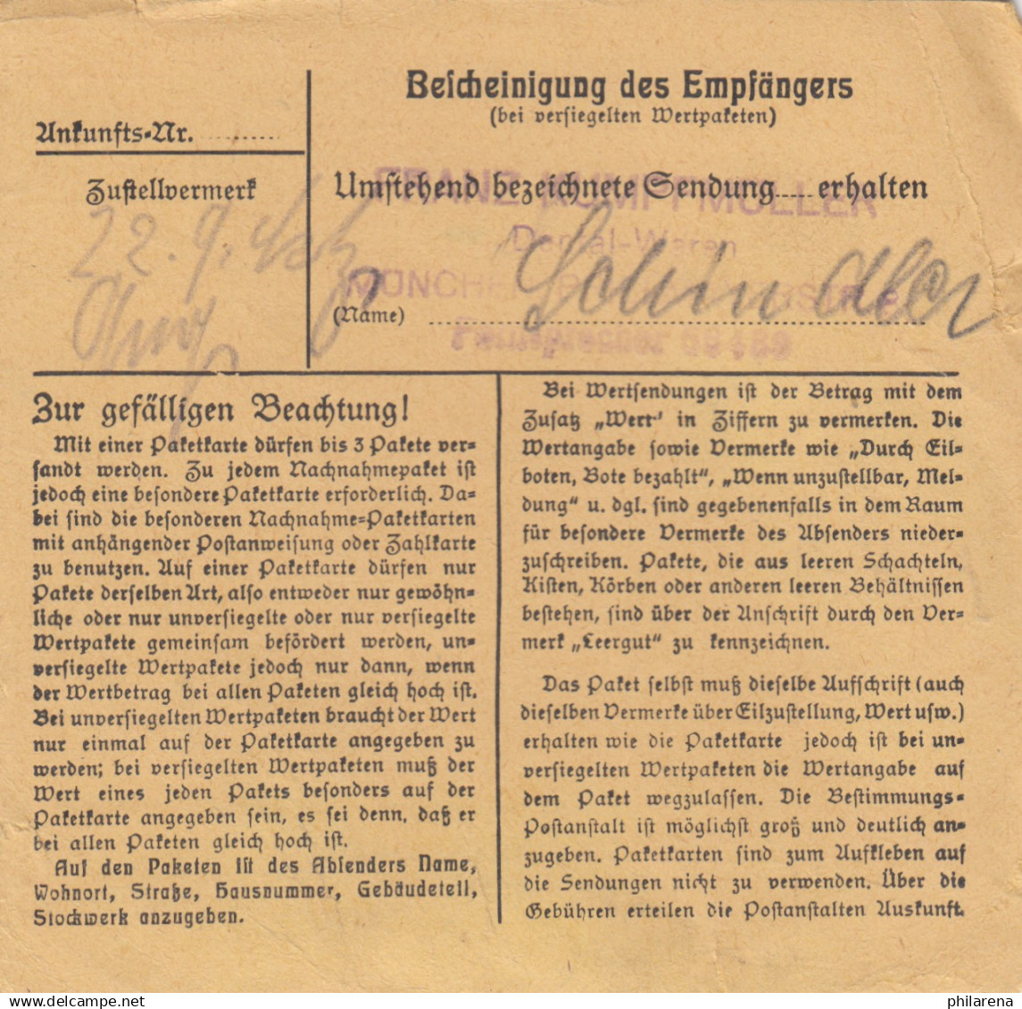 BiZone Paketkarte 1949: Friedrichsdorf Nach München - Lettres & Documents