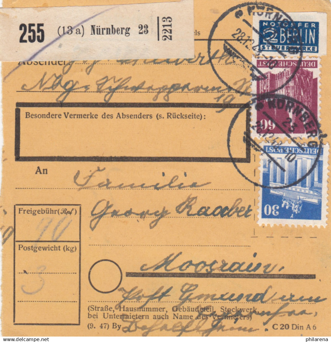 BiZone Paketkarte 1948: Nürnberg Nach Moosrain - Lettres & Documents